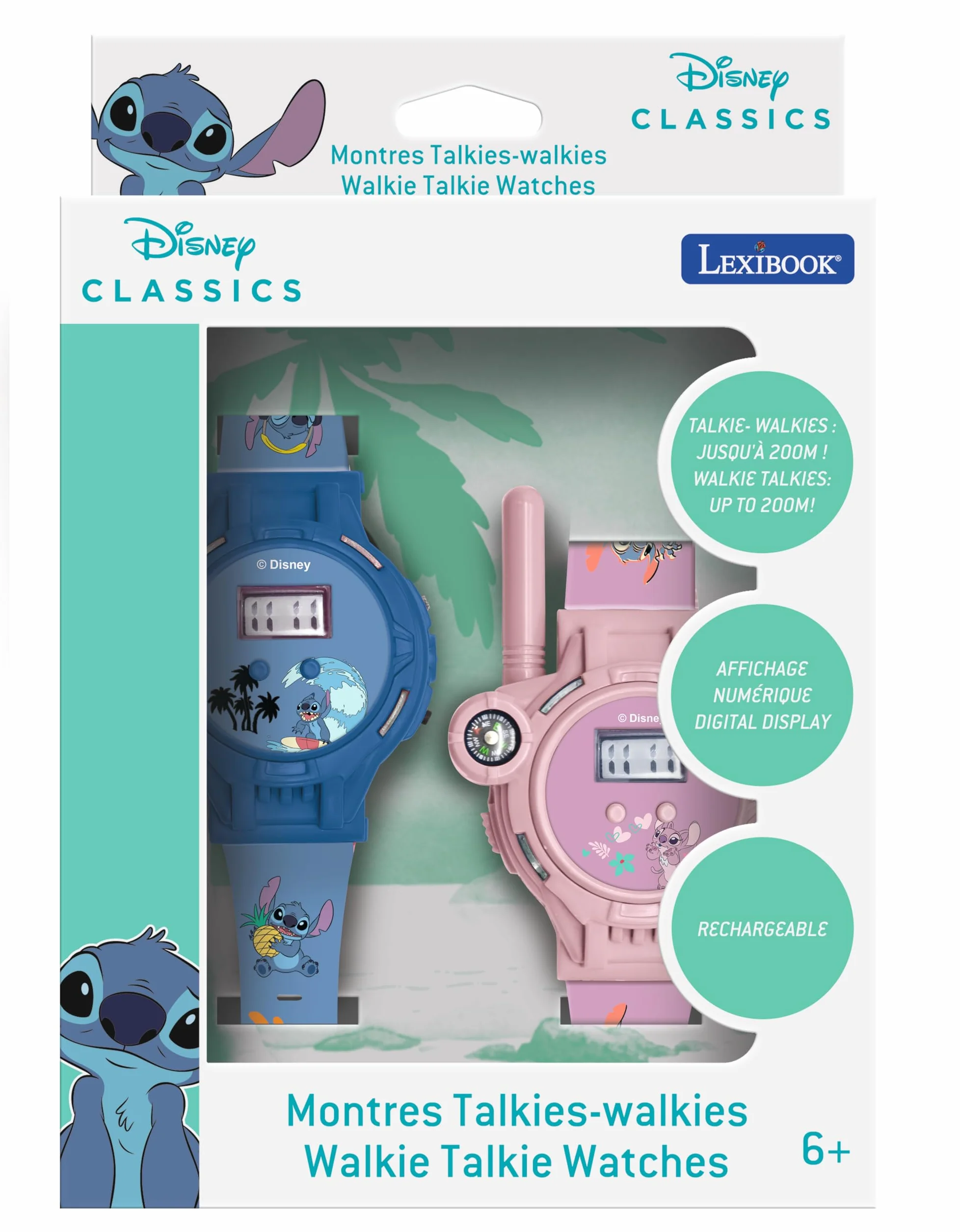 Lexibook, Disney Stitch, Zegarki Krótkofalówkowe, 2 Sztuki, Zasięg do 200 M, Latarka, Kompas, do Ładowania, Niebieski i Różowy, DMWTW1D
