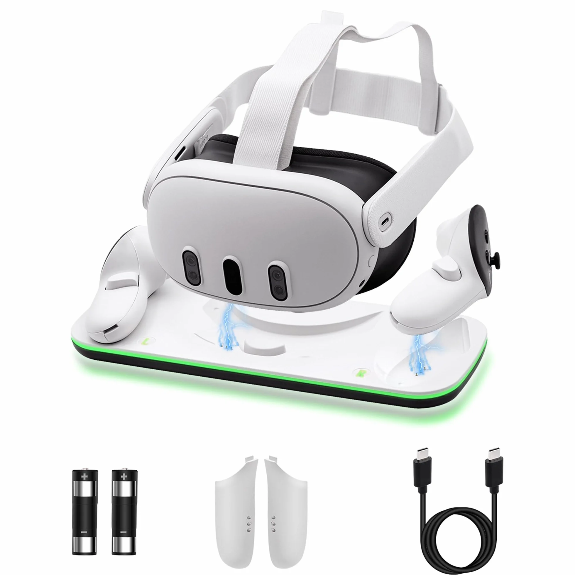Mcbazel Controller Charging Dock for Q3/3S, VR Charging Station with LED Light for Q3/3S, Charger Display Stand with 2 * 600 mAh Rechargeable Batteries, Type-C Charging Cable - White