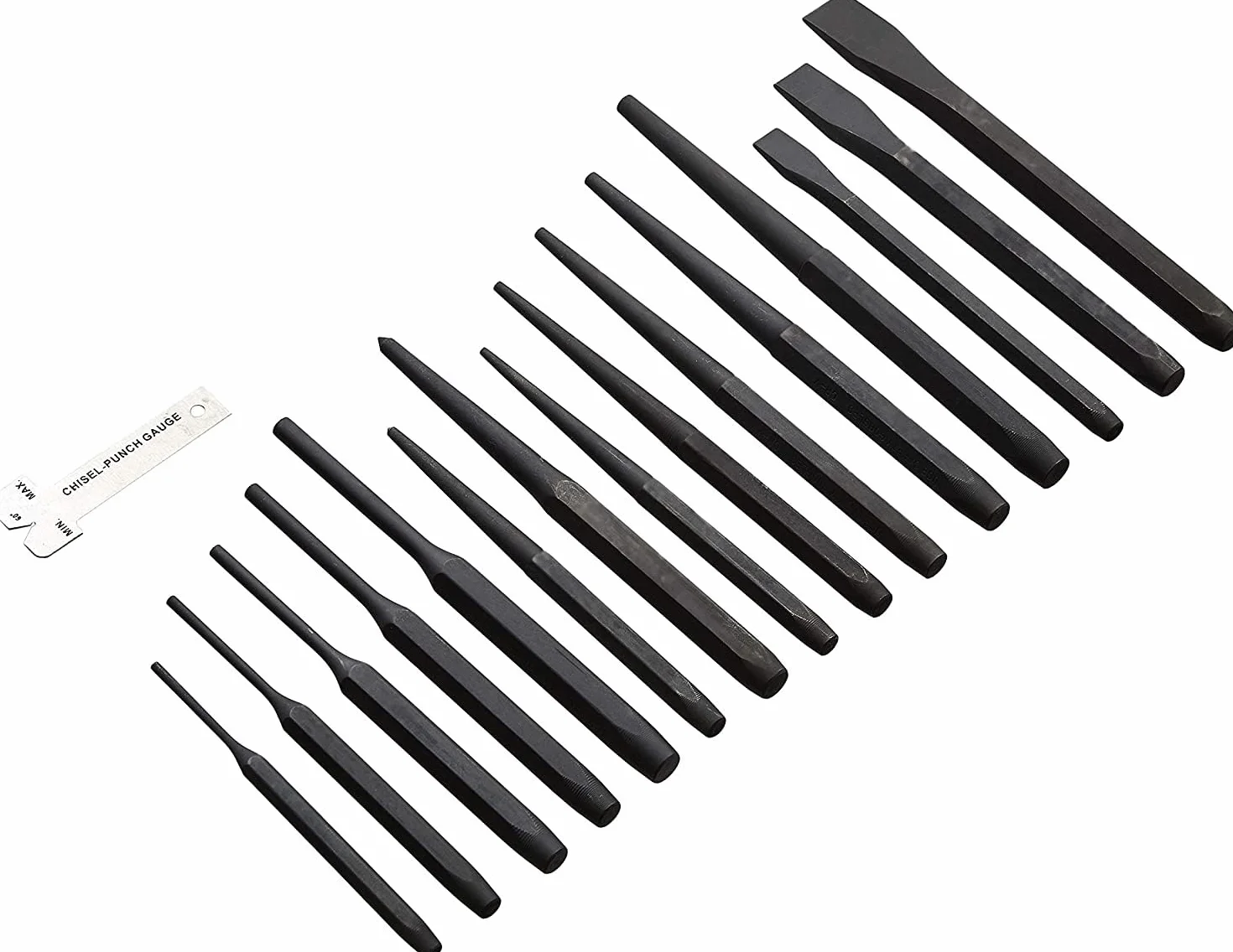 Amazon Basics – wytrzymały zestaw punktaków i dłut ze stali chromowo-wanadowej z torbą do przechowywania, 16 elementów.