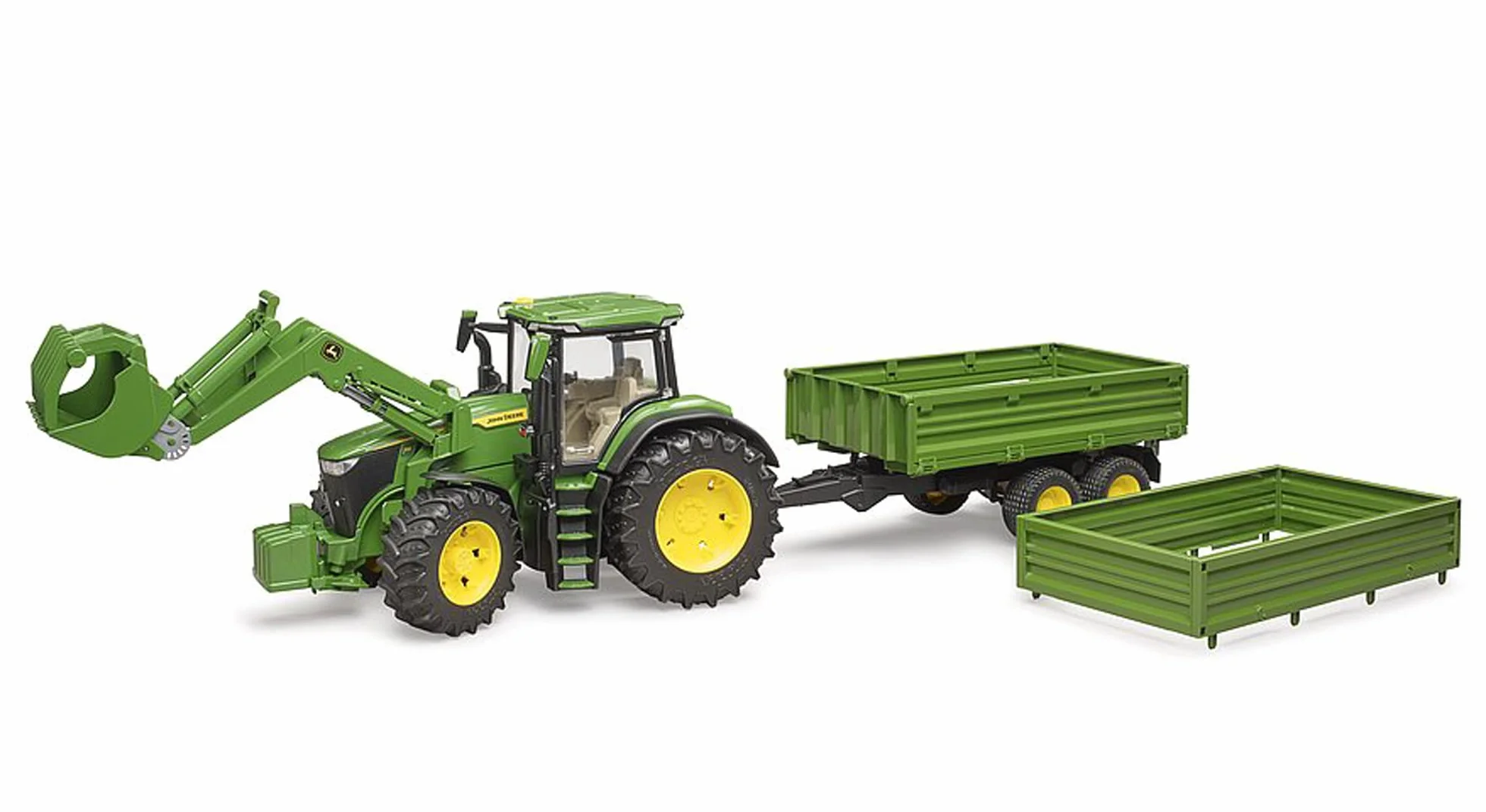 bruder 03155 - John Deere 7R 350 z ładowaczem czołowym i przyczepą transportową z osią tandemową - 1:16 Pojazd, Ciągnik, Bulldog, Rolnictwo, Farma, Przyczepa, bworld, Zabawki
