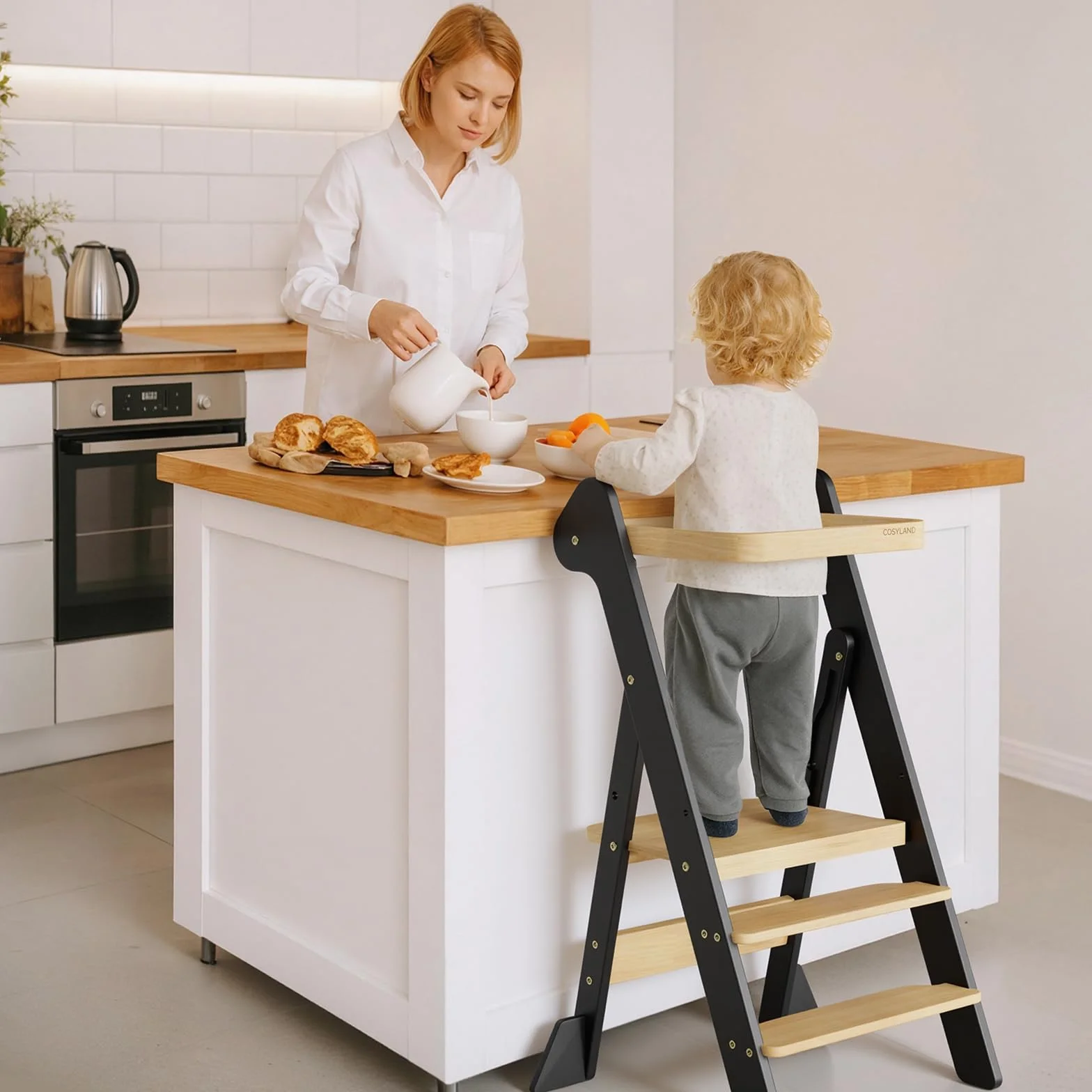 COSYLAND Składana Wieża Edukacyjna z Drewna od 1 Roku – Laureat Nagrody iF Design, z Siatką Zabezpieczającą i Regulowaną Wysokością, Idealna do Kuchni i Łazienki (Czarny i Naturalny)