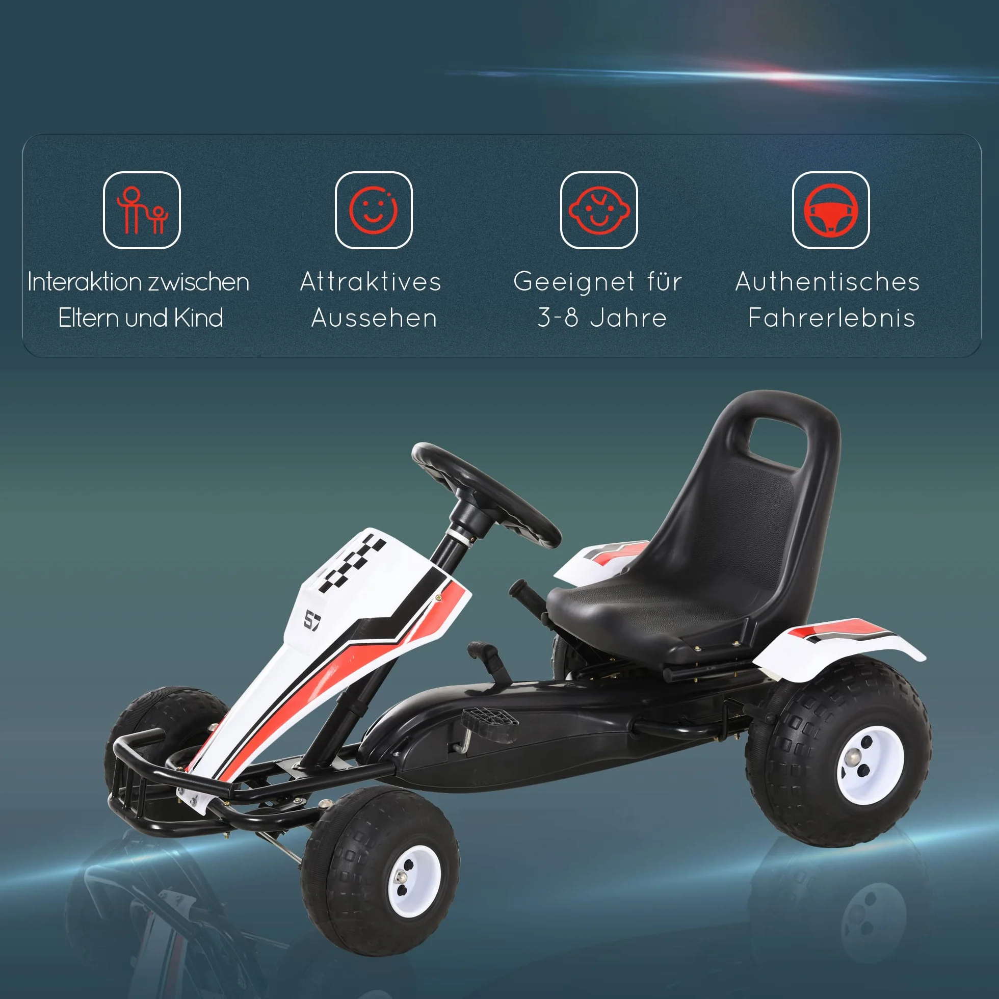 Gokart HOMCOM samochód dziecięcy na pedały z pedałem hamulca zabawka dla dzieci 3–8 lat stal kolor biały 104 x 66 x 57 cm