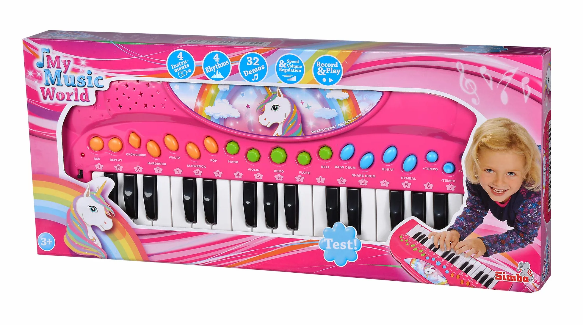 Simba 106832445 - My Music World jednorożec Keyboard, 32 przyciski, różne tryby dźwięku, 4 rytmy, demo, 42 cm, od 3 lat