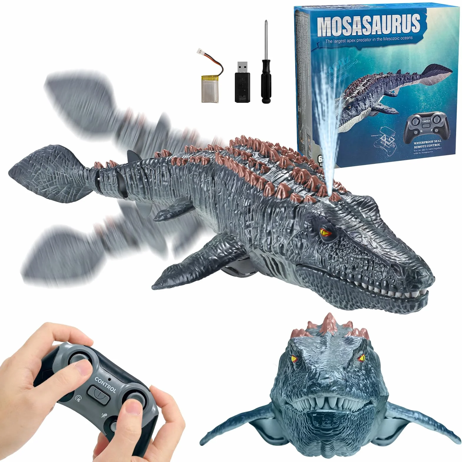 Zdalnie sterowana łódź Mosasaurus z mgiełką, podwójne śmigło, zabawka dla dzieci
