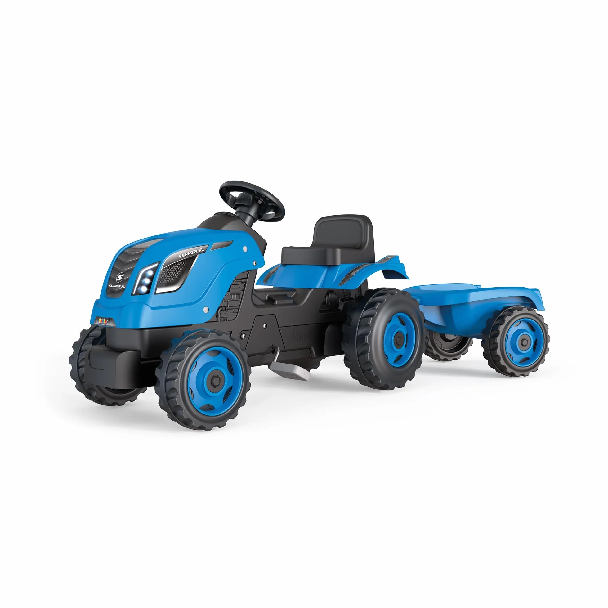 Smoby - Farmer XL Niebieski Traktor + Przyczepa - Traktor na pedały dla dzieci - Regulowane siedzenie - Kierownica z klaksonem - Otwierana maska - Od 3 lat - Wyprodukowano we Francji