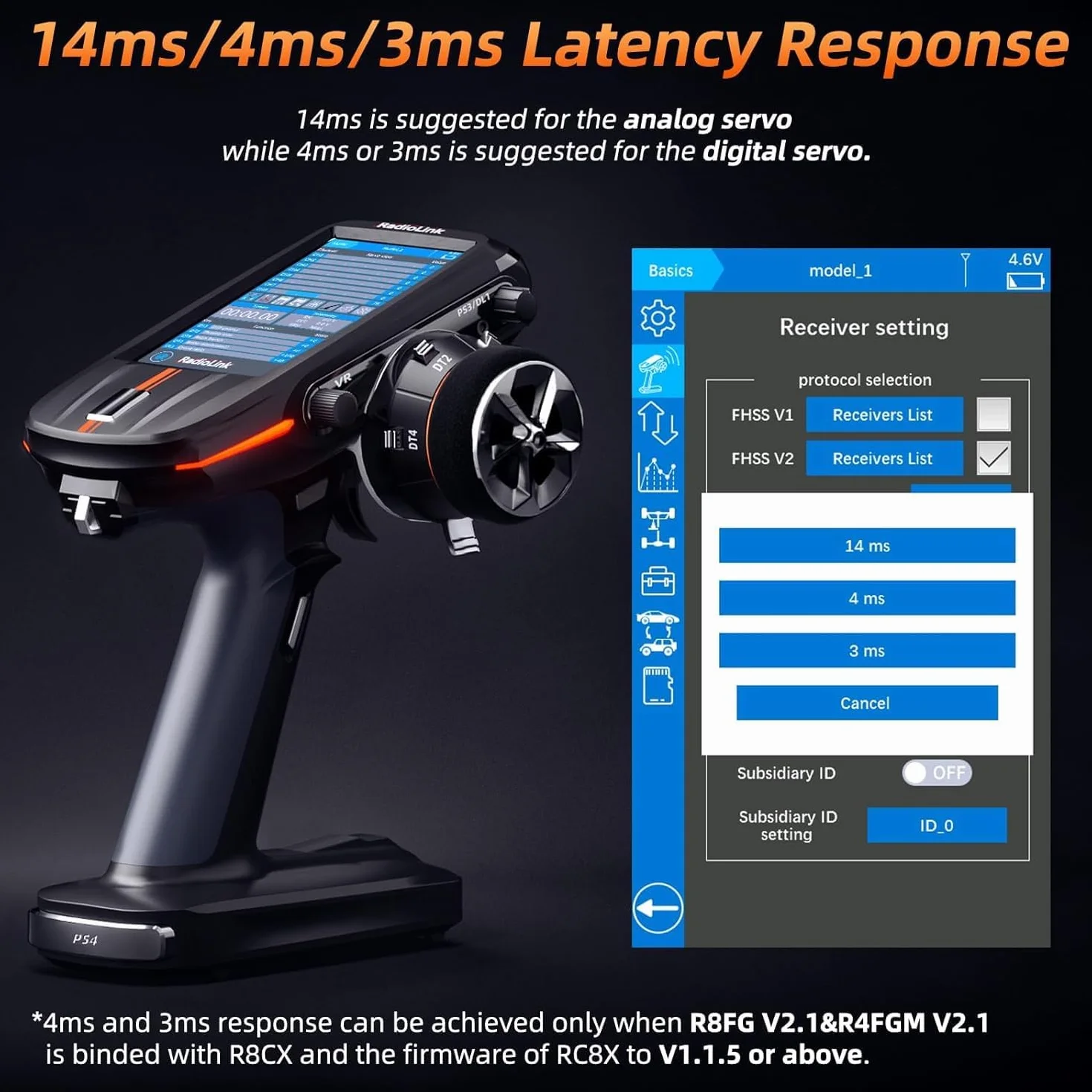Radiolink RC Nadajnik RC8X 8 Kanałów 2.4G i 2 Odbiorniki Żyroskopowe R8FG i R4FGM – Zdalny Kontroler Radiowy z Telemetrią Napięciową i Ekranem FPV do Samochodów RC, Łodzi i Pojazdów Gąsienicowych