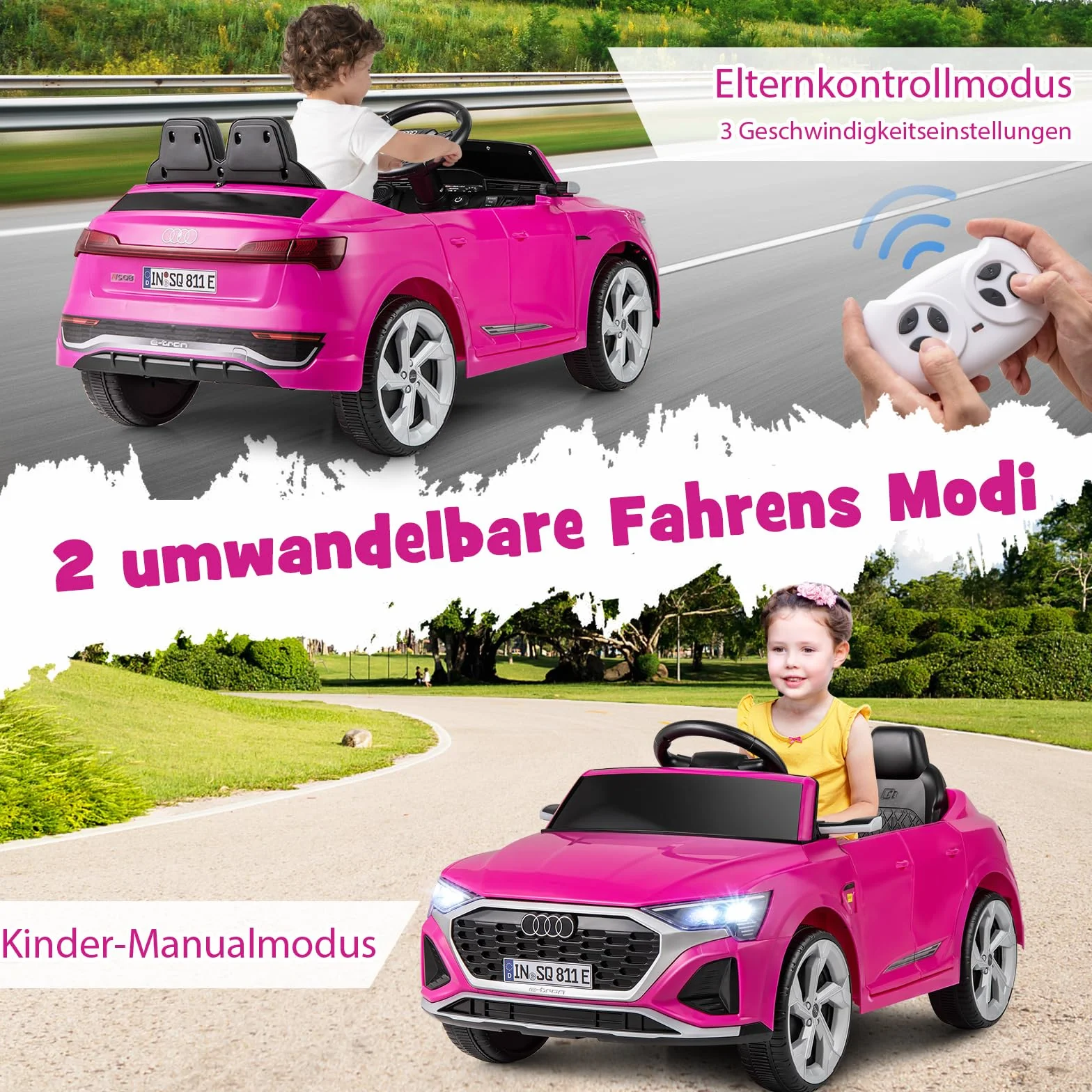 COSTWAY Samochód elektryczny dla dzieci Audi SQ8, 12 V, z pilotem zdalnego sterowania 2,4 G, klaksonem, reflektorami i muzyką, 3-biegowy samochód dziecięcy, elektryczny samochód dla dzieci od 3 lat