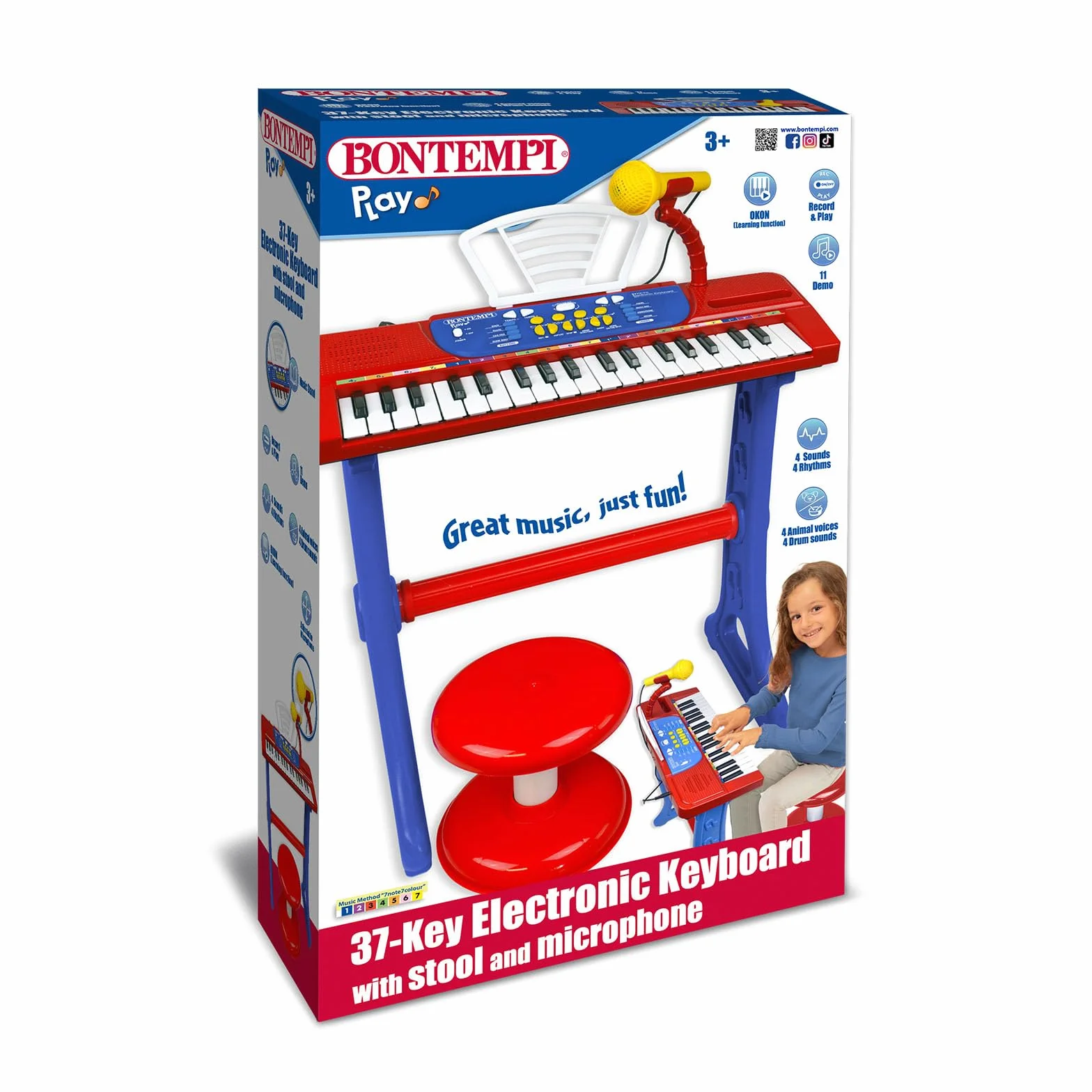 Bontempi | MiniKeyFun - 37 klawiszy zabawkowych klawiatura dla małych muzyków z mikrofonem, stołkiem i podstawką, niebiesko-czerwona, 54,4 x 32,9 x 15,9 cm