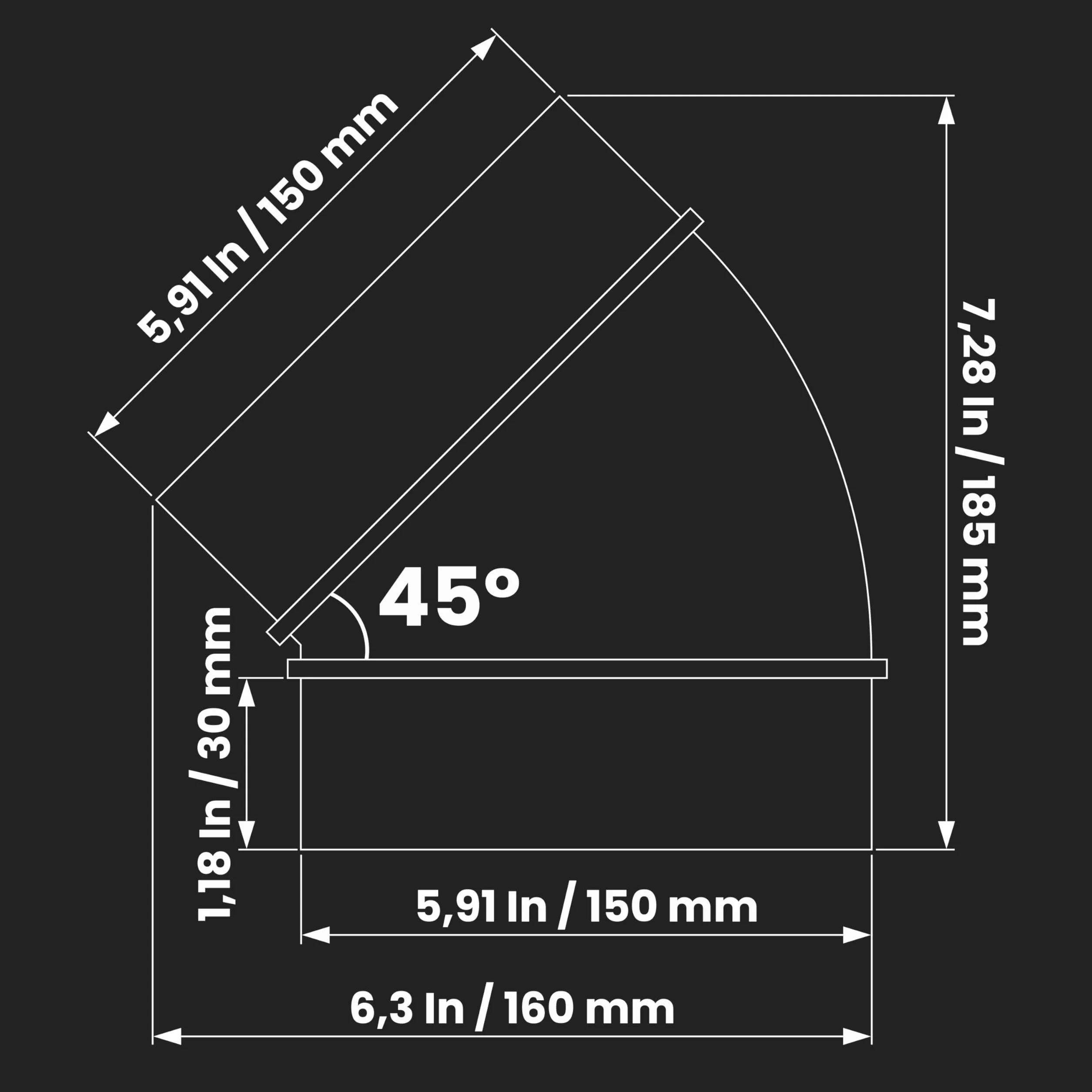 Kolanko z tworzywa sztucznego 45 stopni, 150 mm, rura kanałowa, kanał lub wąż - proste lub elastyczne, złącze wentylacyjne, okrągła rura łącząca