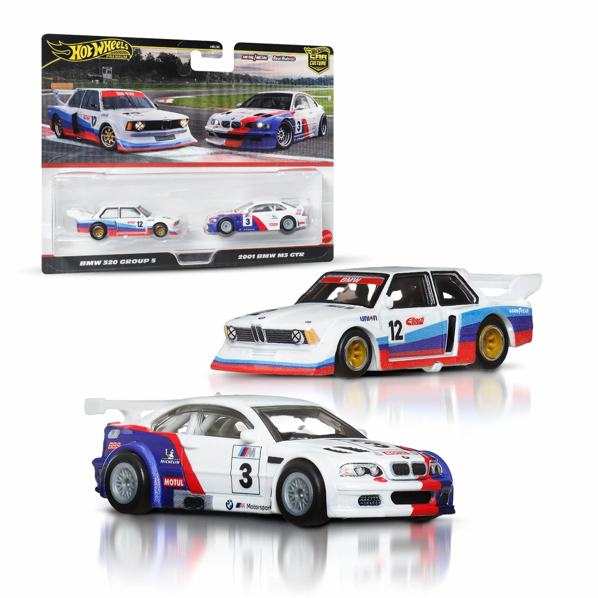 Hot Wheels Premium Kultowe auta BMW 2-pak samochodów w skali 1:64, wyjątkowe połączenia, opony Real Riders™, metalowa konstrukcja, zestaw auta dla kolekcjonerów, JBK99