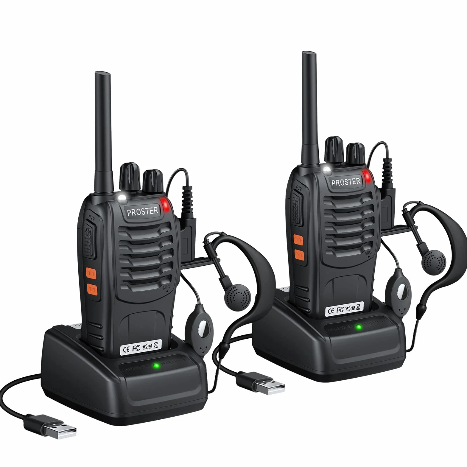 Proster Walkie Talkie 16 kanałów, ładowalne, Walky Talky, z ładowarką USB, słuchawki krótkofalówki z komunikatem głosowym, 1 para