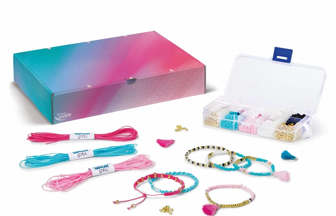 Maped CREATIV 907401 biżuteria do rękodzieła IMAGINE'STYLE-w zestawie z nićmi, cekinami, perłami, pomponami i pudełkiem do przechowywania, kolorowa, 1 zestaw