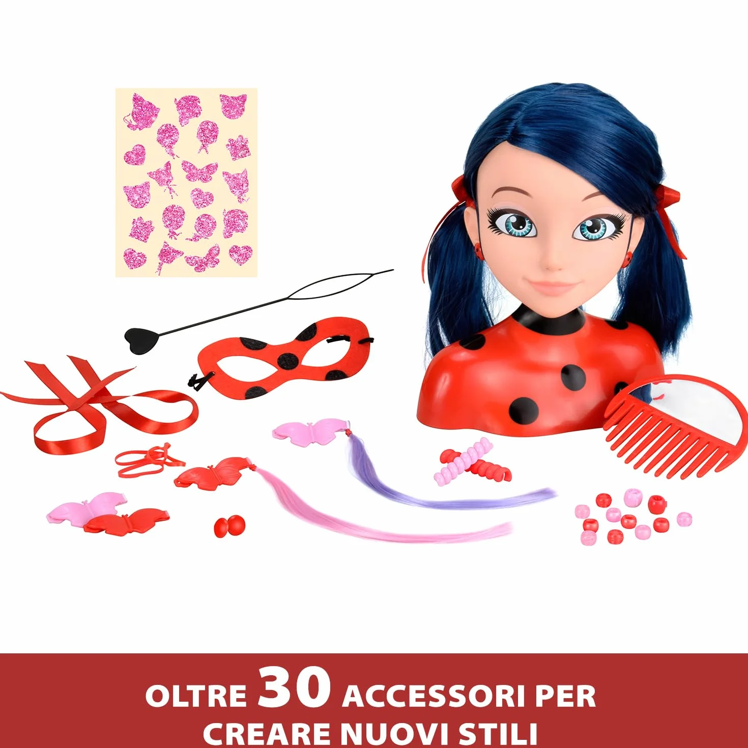 Bandai Miraculous Biedronka – Miraculous Deluxe głowica fryzjerska, 21 cm – głowica fryzjerska Marinette + 30 akcesoriów - P50247