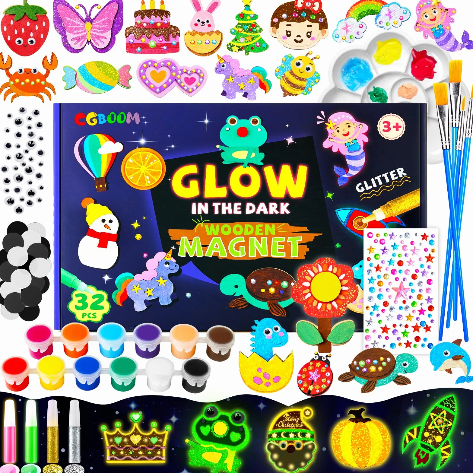 CGBOOM Zestaw do malowania dla dzieci, zestaw do majsterkowania, 32 sztuki, magnesy na lodówkę, do malowania i majsterkowania, drewniane magnesy, malowanie, prezent dla dziewczynek i chłopców od 3, 4