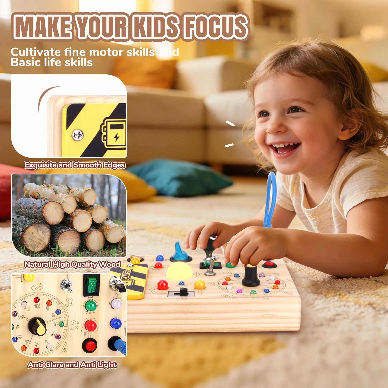 Busy Board Montessori zabawka od 1 roku życia, drewniana zabawka motoryczna, zabawka edukacyjna z 10 przełącznikami i 23 diodami LED dla małych dzieci, prezent dla chłopców i dziewczynek, 1, 2, 3 lata
