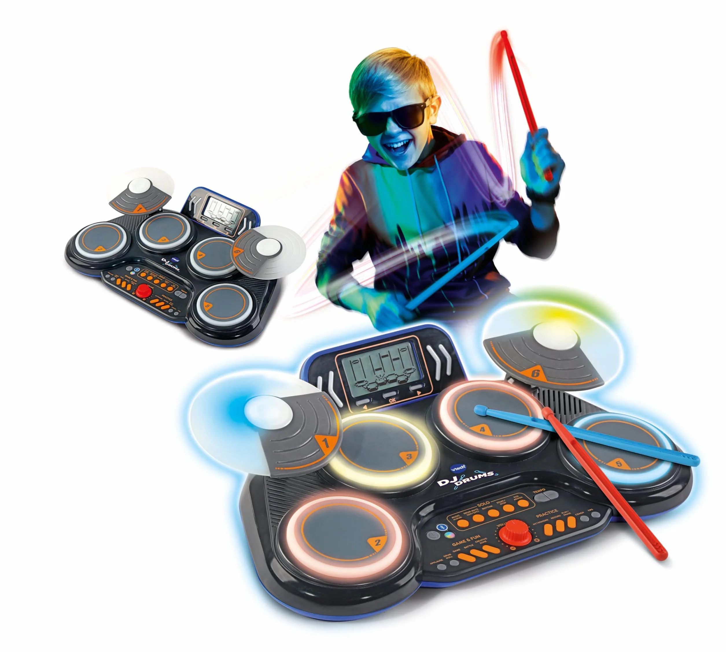 VTech Kidi DJ Drums, elektroniczny akumulator dla dzieci z podkładkami świecącymi, grami muzycznymi, trybem Bluetooth i wbudowanym mikrofonem, pałeczkami w zestawie, język włoski, baterie w zestawie,