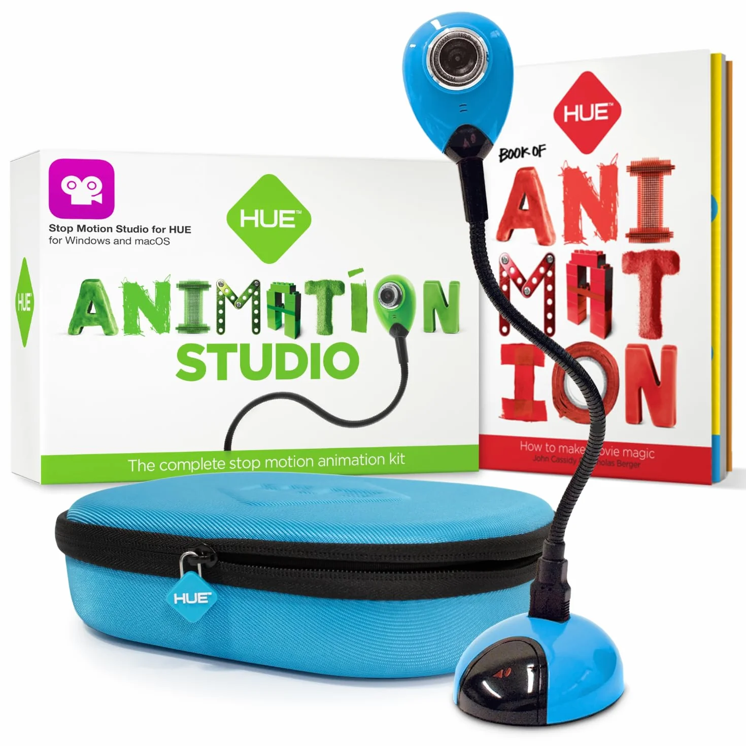 HUE Animation Studio: Kompletny Zestaw do Animacji Poklatkowej Stop Motion (Kamera, Oprogramowanie, Książka w języku angielskim) dla Windows/macOS (niebieska kamera z etui)