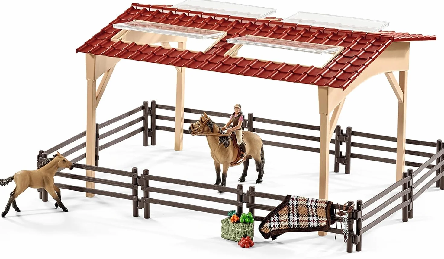 schleich FARM WORLD | Stajnia z końmi i akcesoriami 42195 | Zestaw ze stajnią, padokiem, 2 końmi, figurką dziewczynki i akcesoriami | Zabawka farma od 3 lat | 96 elementów | Ekskluzywnie na Amazon