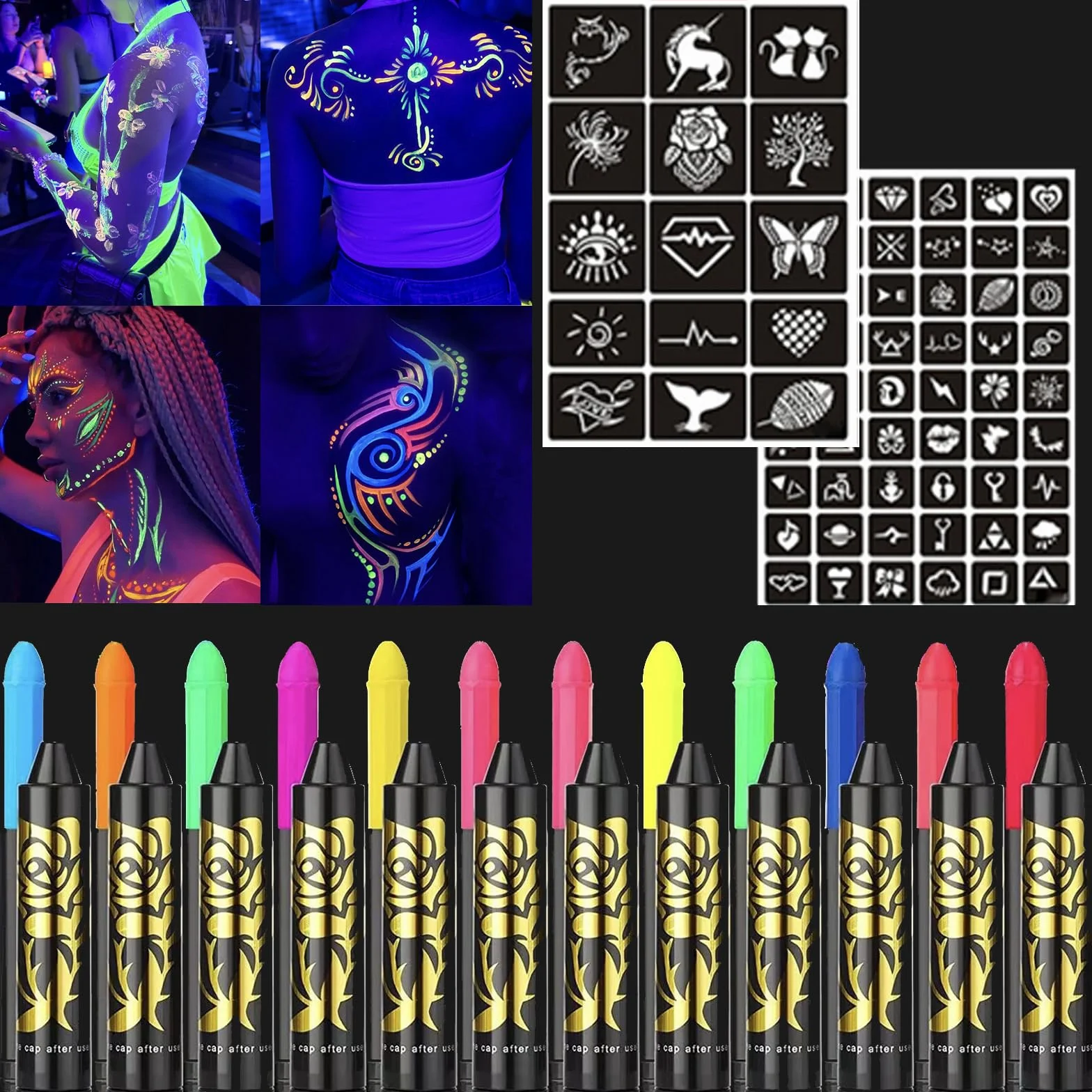 Farba fluorescencyjna UV, HISUNBEN 12 neonowych ołówków do twarzy i ciała, zmywalna, nietoksyczna farba neonowa UV, na festiwal, Mardi Gras, Halloween, do makijażu