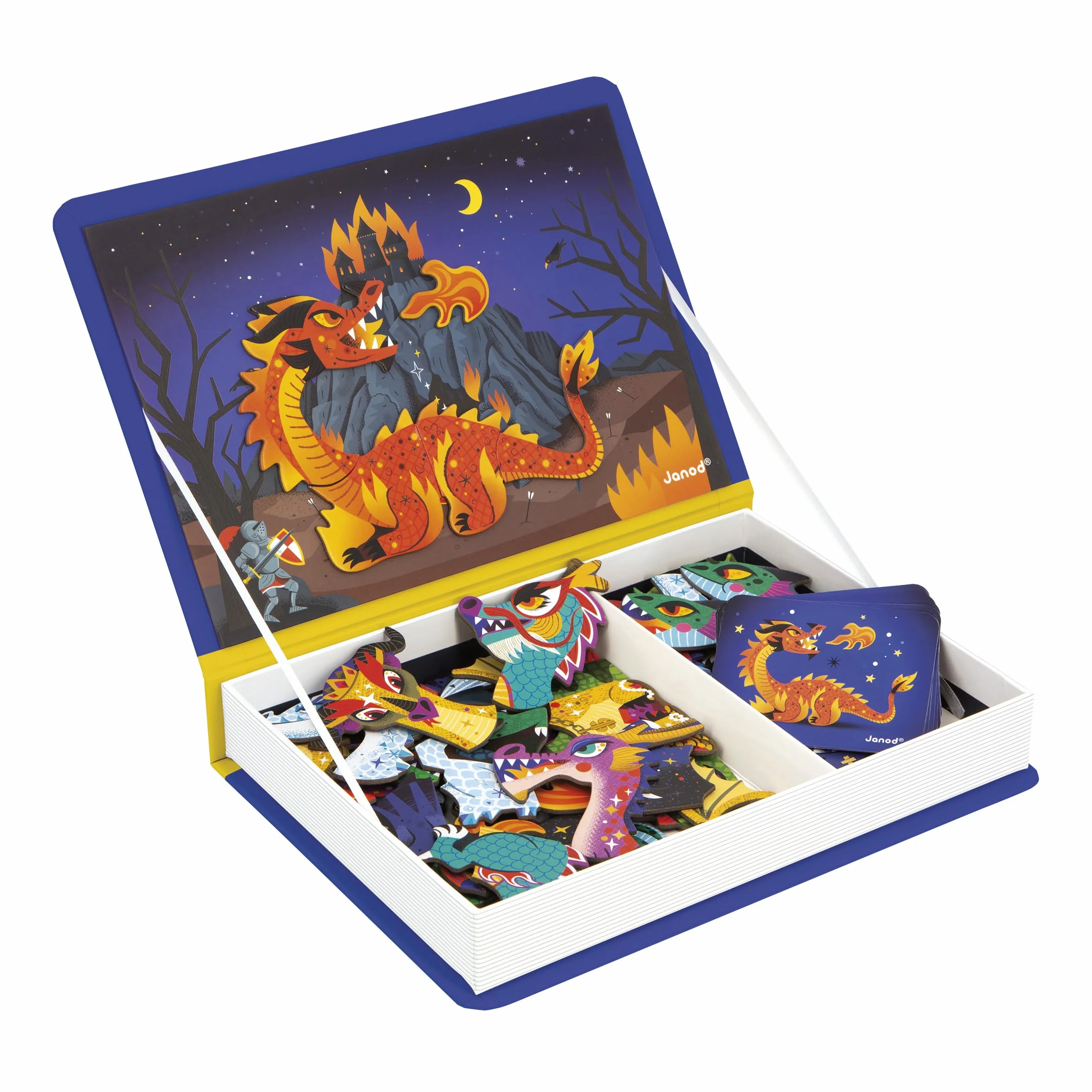 Janod - Magnetic 'Book Dragons - Magnetyczna gra edukacyjna 53 magnesy + 10 modeli - zabawka dla dzieci z tektury FSC - rozwija zręczność i wyobraźnię - od 3 lat - J02527, Fioletowy