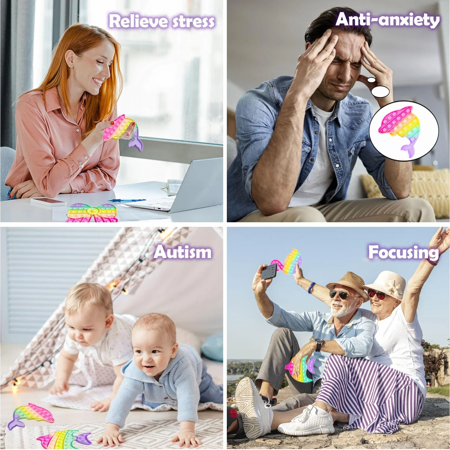 Yeefunjoy Push IT and POP Bubble, zestaw 4 zabawek Poppit Pop Fidget, zabawka sensoryczna, redukuje stres, prezent urodzinowy dla dorosłych i dzieci, aby złagodzić lęk i autyzm