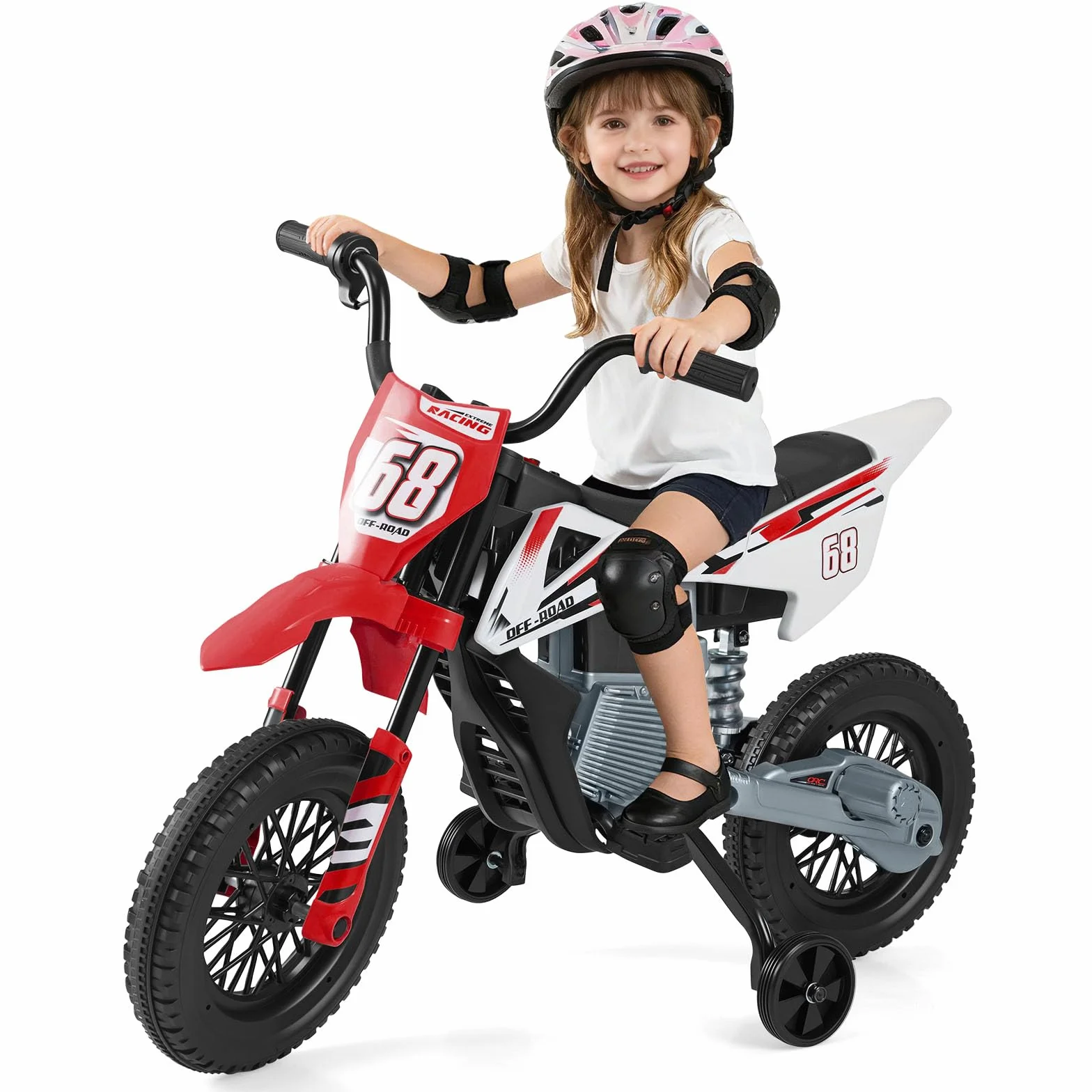 GOPLUS Motocykl dziecięcy 12 V, elektryczny motocykl dziecięcy z 2 kółkami podporowymi, zdejmowany, elektryczny z pedałami nożnymi, muzyka i amortyzacja, motocykl Eletro 3-5 km/h, dla dzieci 3-8 lat