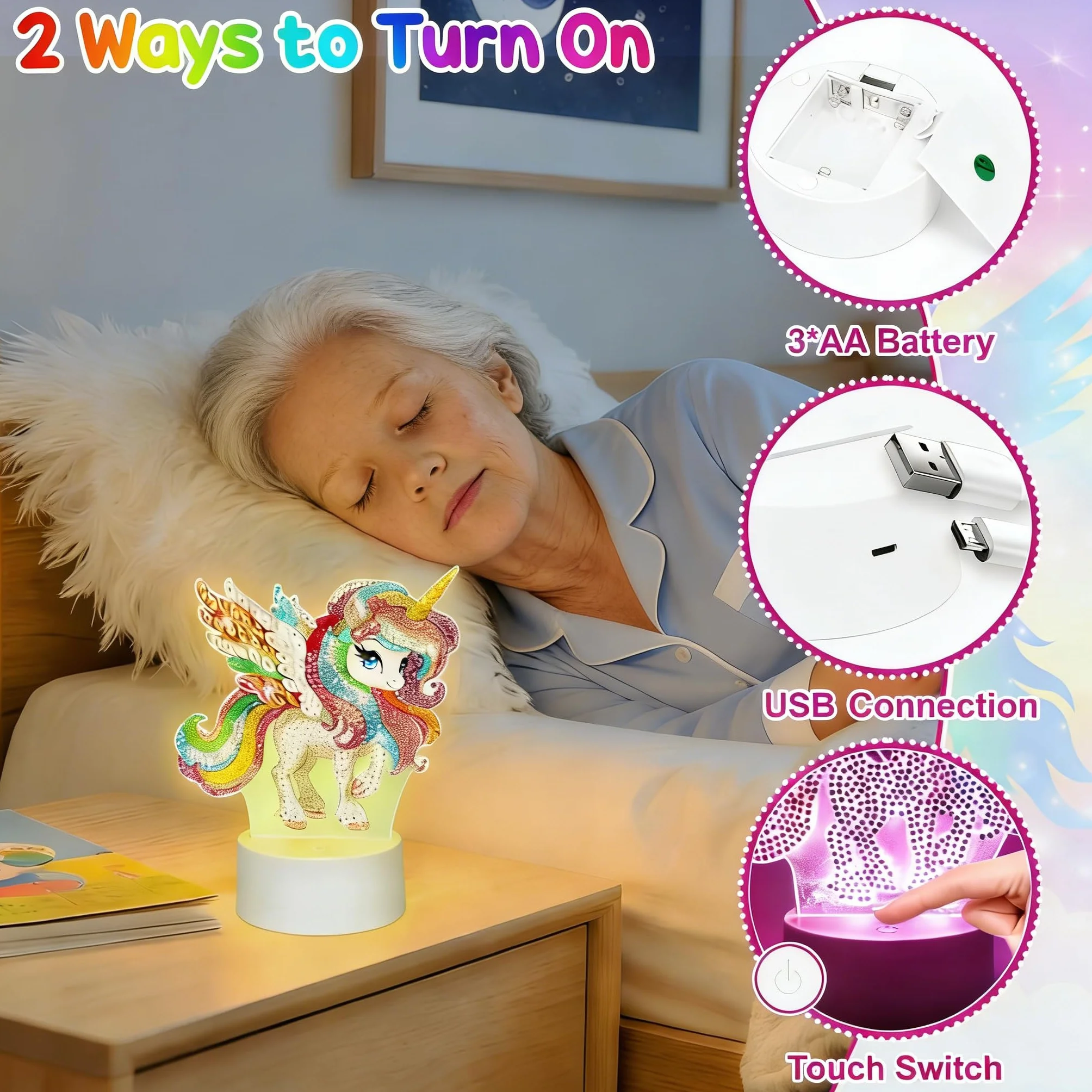 Zoyomax Lampka nocna do malowania diamentowego dla dorosłych, kreatywna lampa do malowania diamentami 3D, jednorożec, prezent na Boże Narodzenie