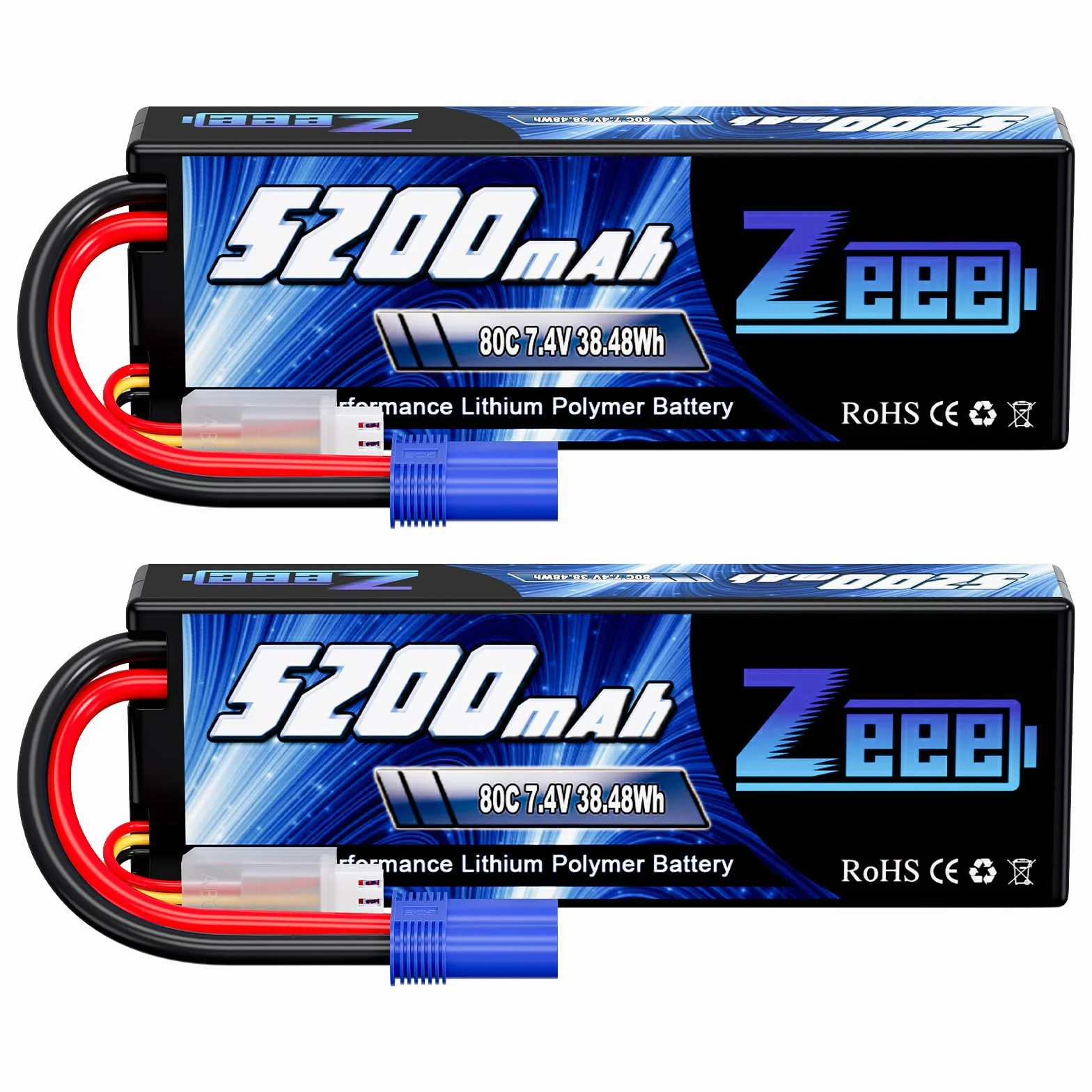 Bateria Lipo Zeee 2S 5200mAh 7.4V 80C Twarda obudowa Bateria z wtyczką EC5 do 1/8 1/10 RC Pojazdy Samochód RC Buggy Truggy RC Samolot UAV Drone FPV (2 szt.)