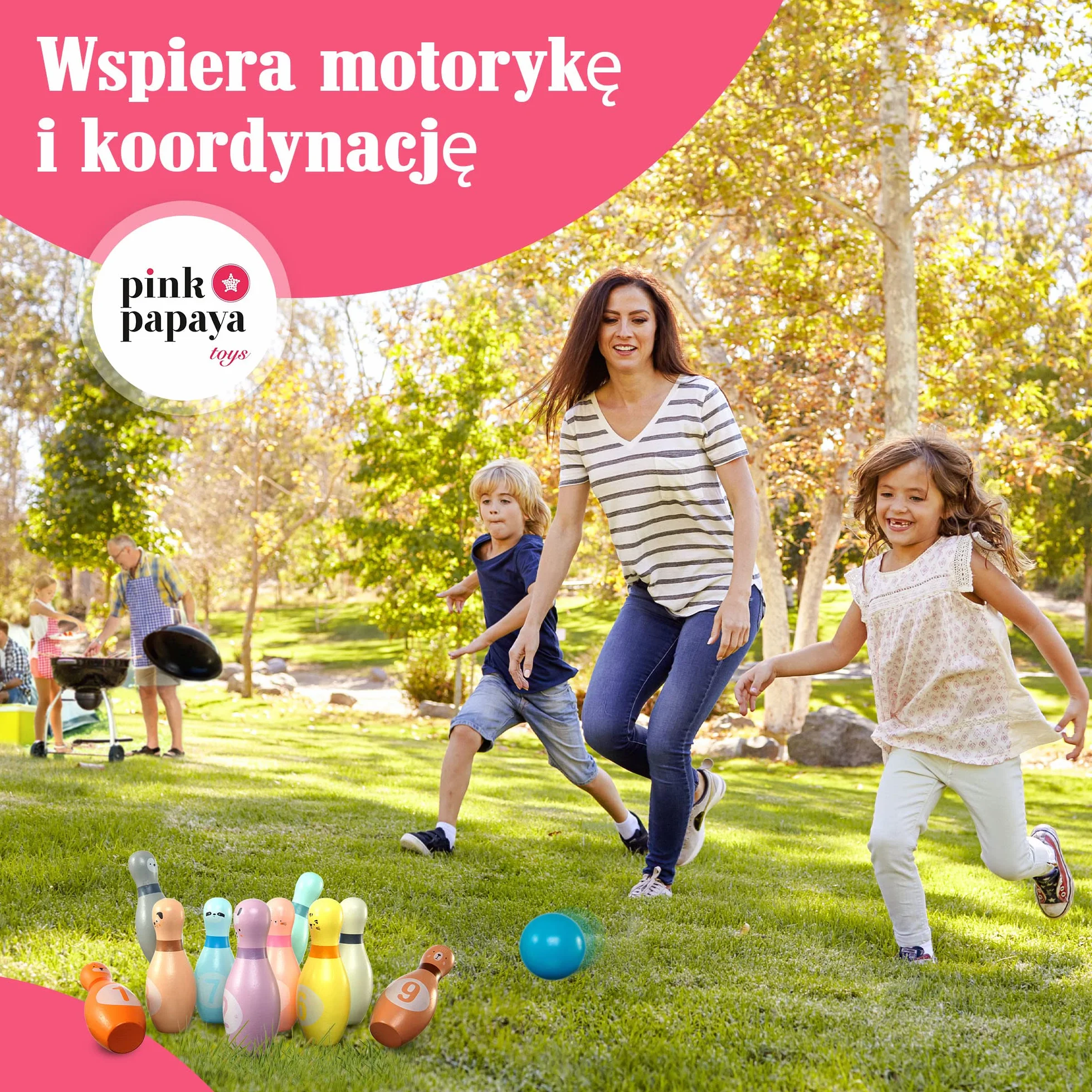 Pink Papaya Kręgle Drewniane dla Dzieci 12-Częściowy Zestaw