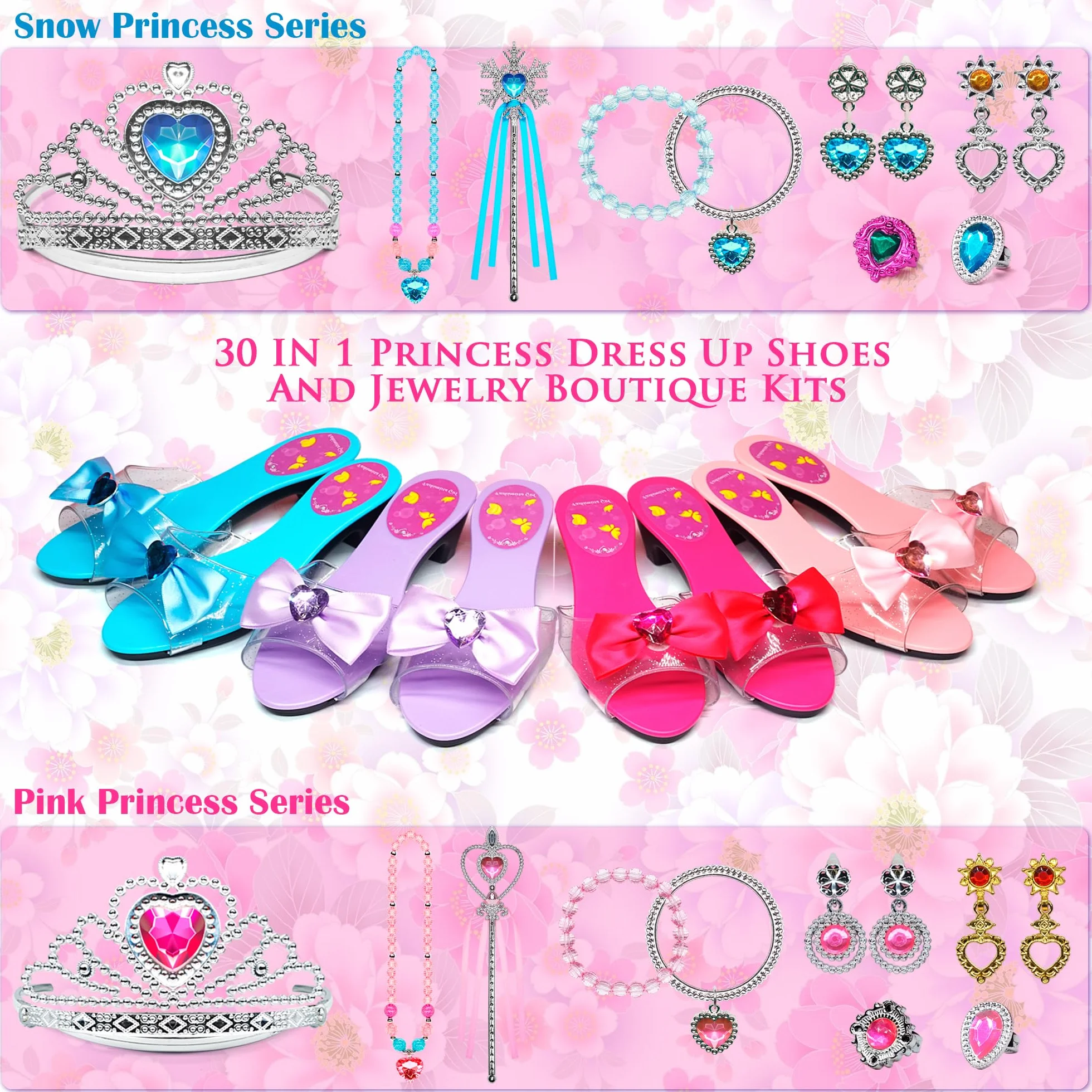 Princess Dress Up dziewczęce buty – buty dla małych dzieci do zabawy i udawanie biżuterii, zestaw akcesoriów, zabawka dla dzieci z koroną, pierścionek, bransoletka dla małych dziewczynek w wieku 3-6