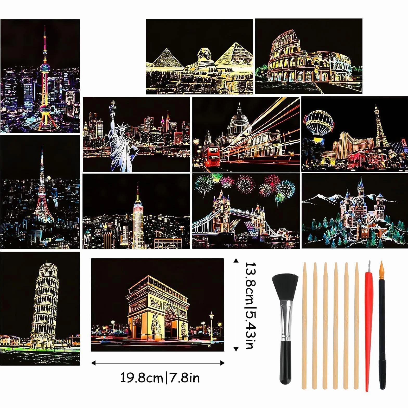 Muyohix 12 sztuk sztuki drapania, papier artystyczny do zdrapywania i szkic A5 dla dzieci i dorosłych, sztuka z serii City Scratchboard Art, karta do zdrapania, kreatywne hobby dla dzieci (z 9