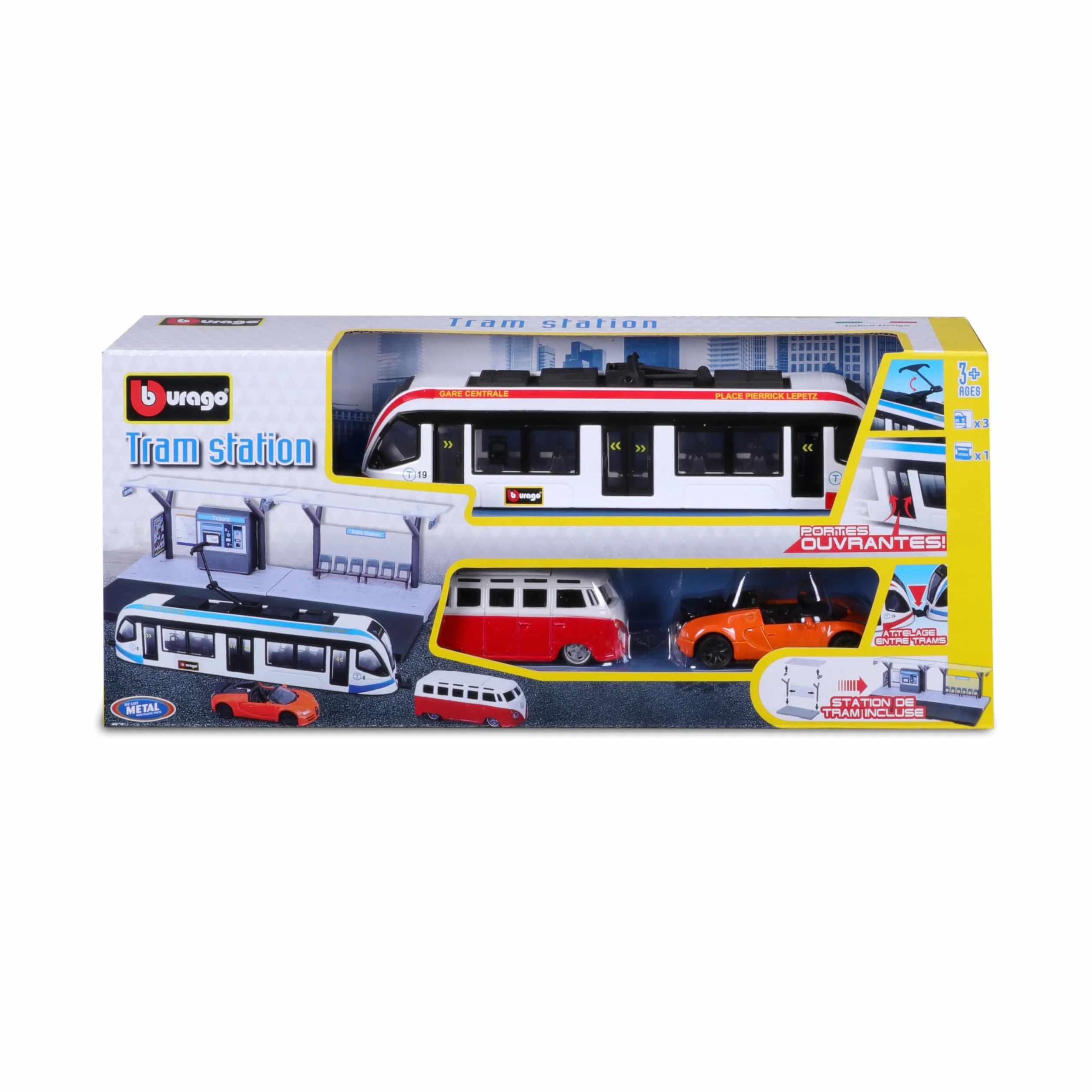 Bburago - Playset Public Transport w skali 1/64 - autobus, tramwaj, stacja + 2 pojazdy - Zabawka edukacyjna dla dzieci - modele losowe - Rozwija wyobraźnię i kreatywność