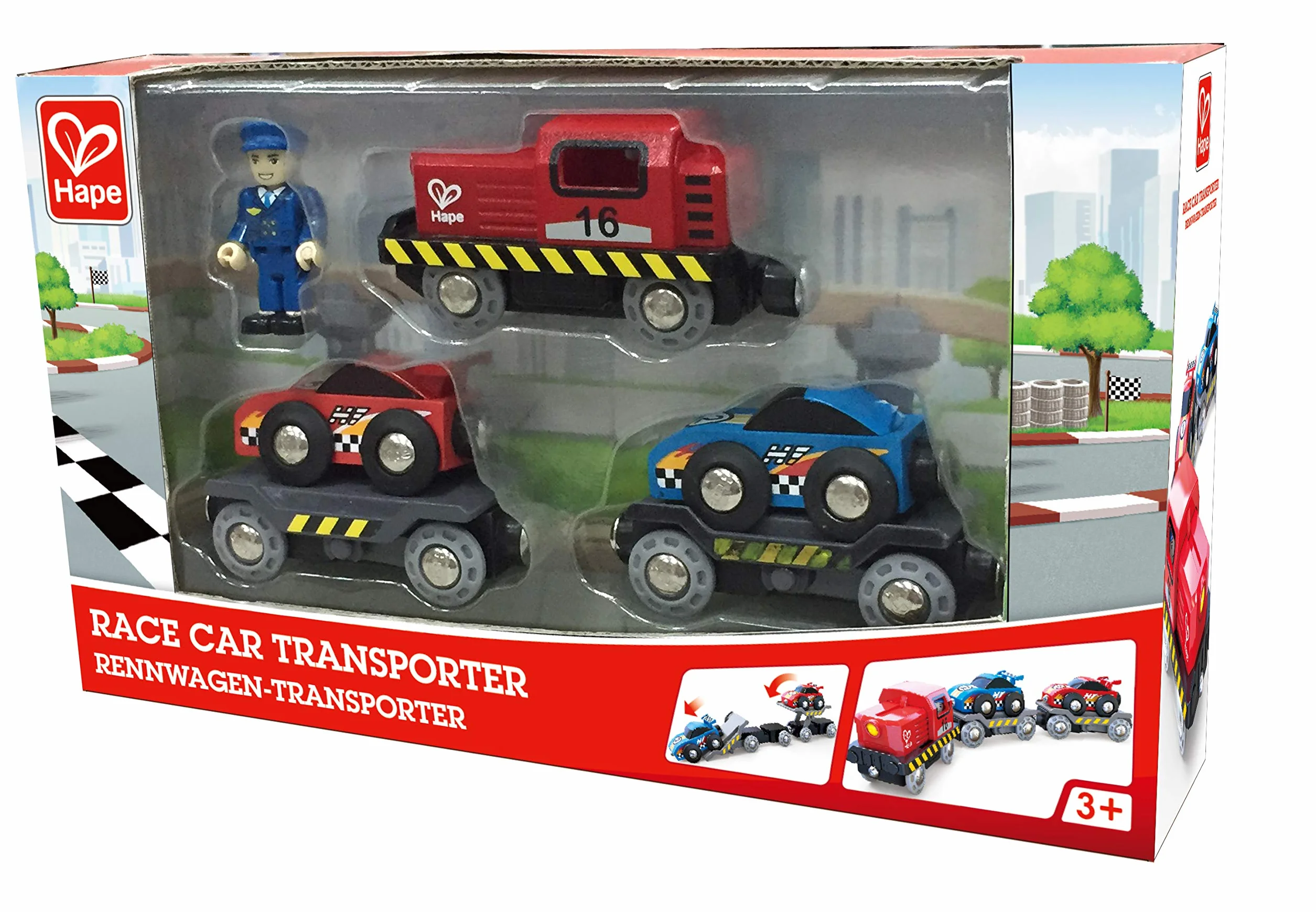 Hape E3735 Race Car Transporter Railway Engine - Wooden Train Track Accessories