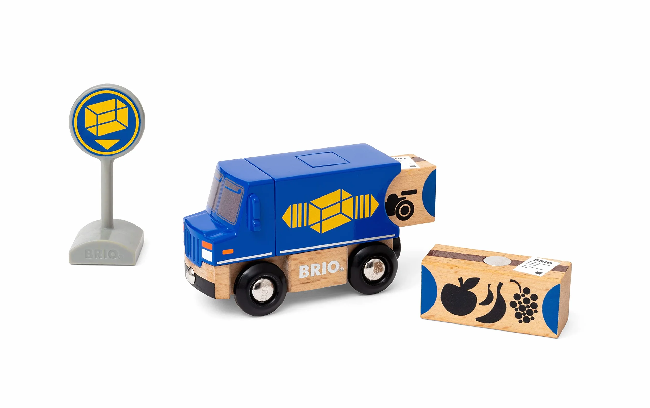 BRIO World 36020 Zustell-Fahrzeug Blauer Liefer-LKW mit zwei magnetischen Holzcontainern für Kinder ab 3 Jahren
