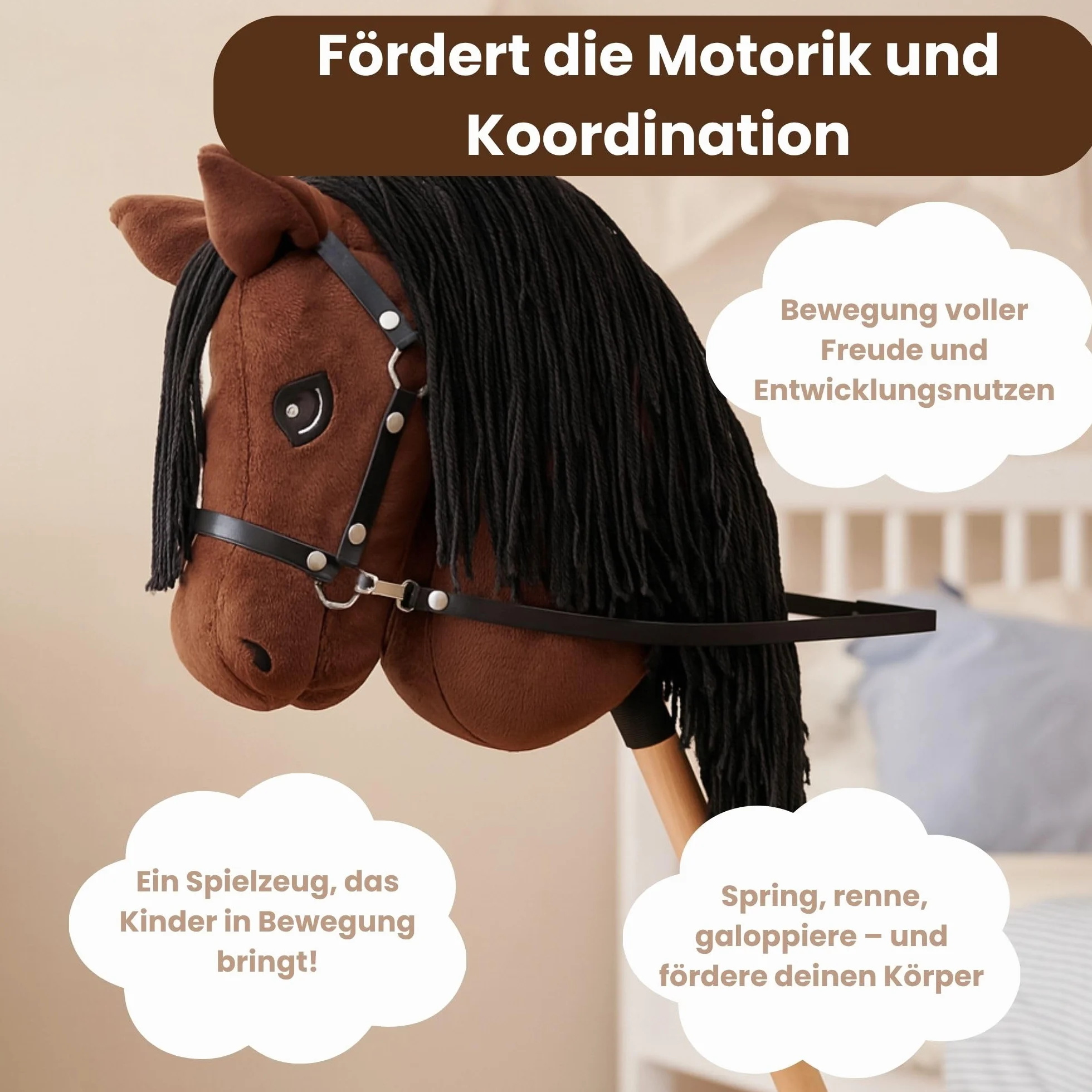 Start Hobby Horse – realistyczny koń na kiju z długą grzywą do układania fryzury – dla dzieci (A3) (Bella (Brązowy))