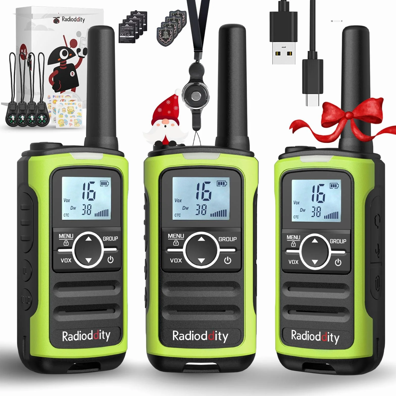 Radioddity PR-T8 Walkie Talkie dla dzieci, PMR446 Dwukierunkowe radio z możliwością ładowania, daleki zasięg, funkcja połączeń grupowych, VOX, latarka, bateria 2000 mAh, ładowanie USB-C, do wędrówek,