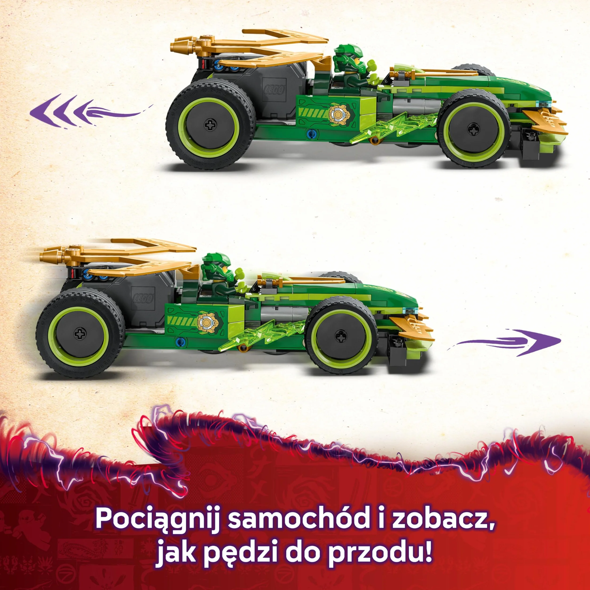 LEGO NINJAGO Samochód wyścigowy Lloyda z napędem typu pull-back, Model Wyścigówki Ninja, Zabawka Konstrukcyjna dla Dziecka z Dwiema Minifigurkami, Prezent dla 7-latka, dla Chłopca i Dziewczynki 71828