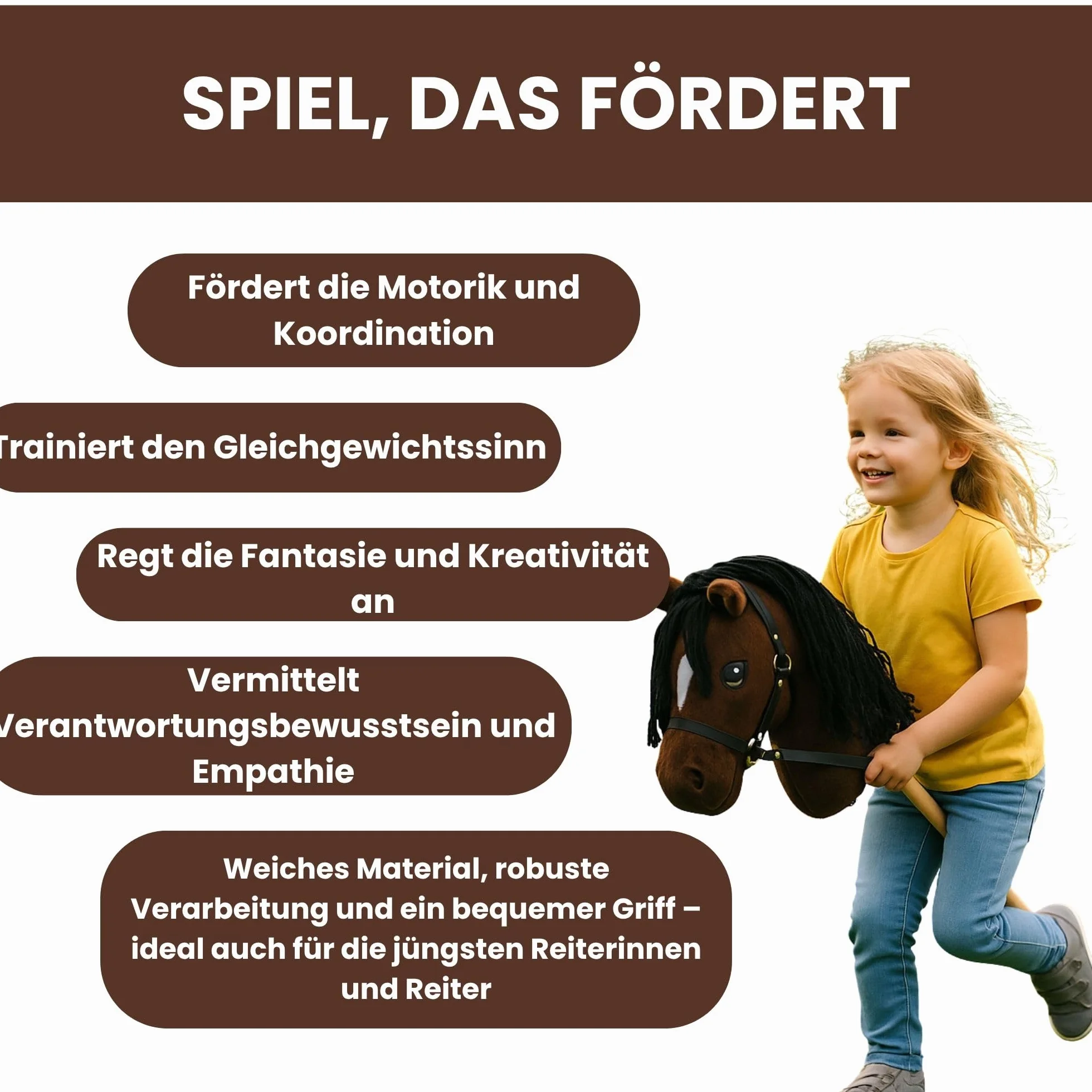 Start Hobby Horse – realistyczny koń na kiju z długą grzywą do układania fryzury – dla dzieci (A3) (Bella (Brązowy))