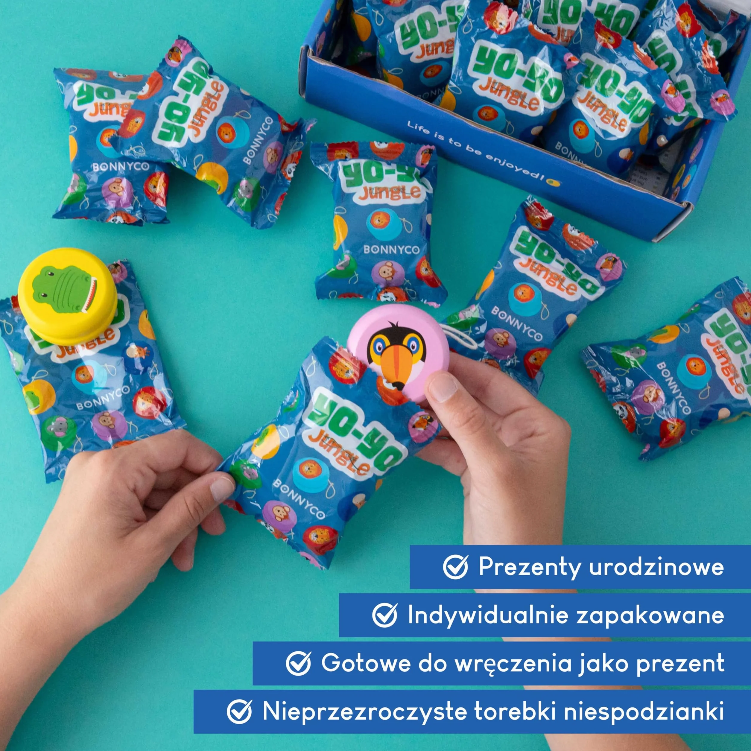 BONNYCO Zestaw dla Dzieci Jo-Jo 16 Zwierzątek, Wypełniacze do Torebek. Drewniane Jo-Jo, Akcesoria Imprezowe. Zabawki Interaktywne dla Dzieci, Upominki na Urodziny