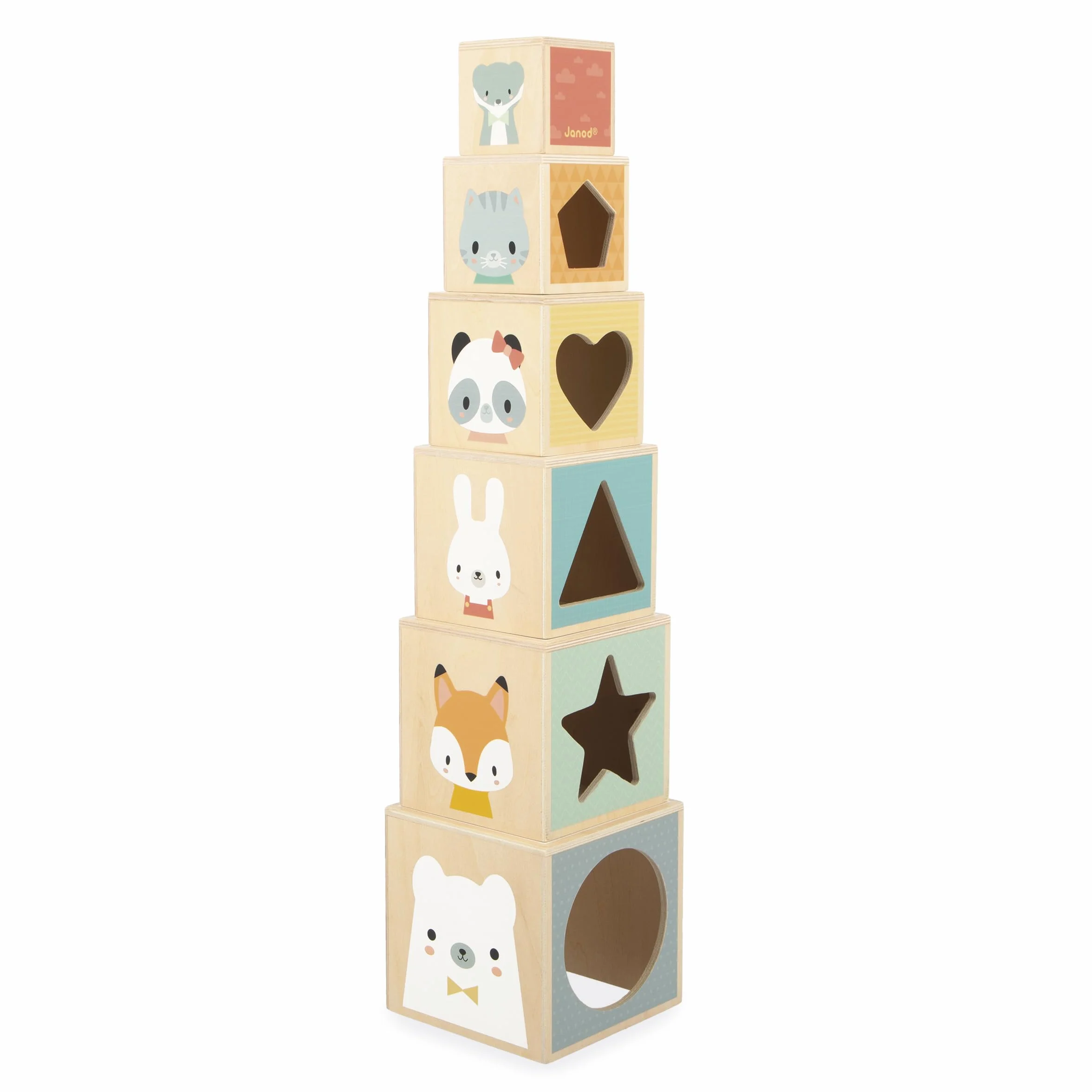 Janod Pyramide en Bois d'Éveil-6 Cubes à Empiler-Jouet d'Empilement d'Encastrement-Développe Dextérité et Imagination-Premier âge-da 12 miesięcy, J05147