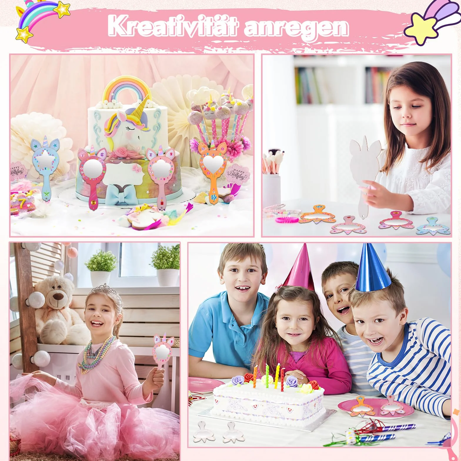 Drewniane lustro "zrób to sam", 28 sztuk, zestaw do majsterkowania na urodziny dziecka z 12 drewnianymi lustrami do malowania dla dzieci, 12 kolorowych kredek, 4 naklejki ze strasu, do majsterkowania