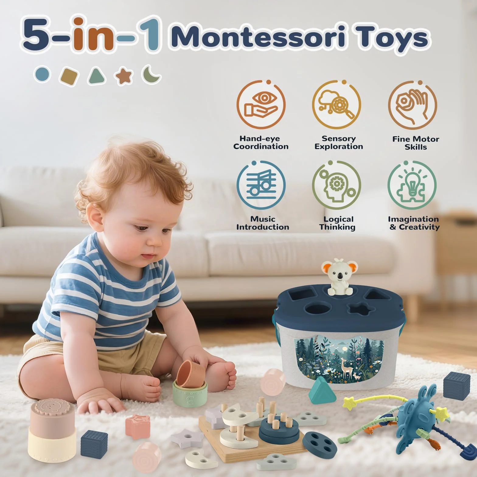 Zabawki dla dzieci od 6 miesiąca, 5 w 1 Zabawki Montessori, zabawki sensoryczne dla niemowląt z sznurkiem do ciągnięcia, sorter kształtów i zabawka do układania, ksylofon, prezent dla niemowląt