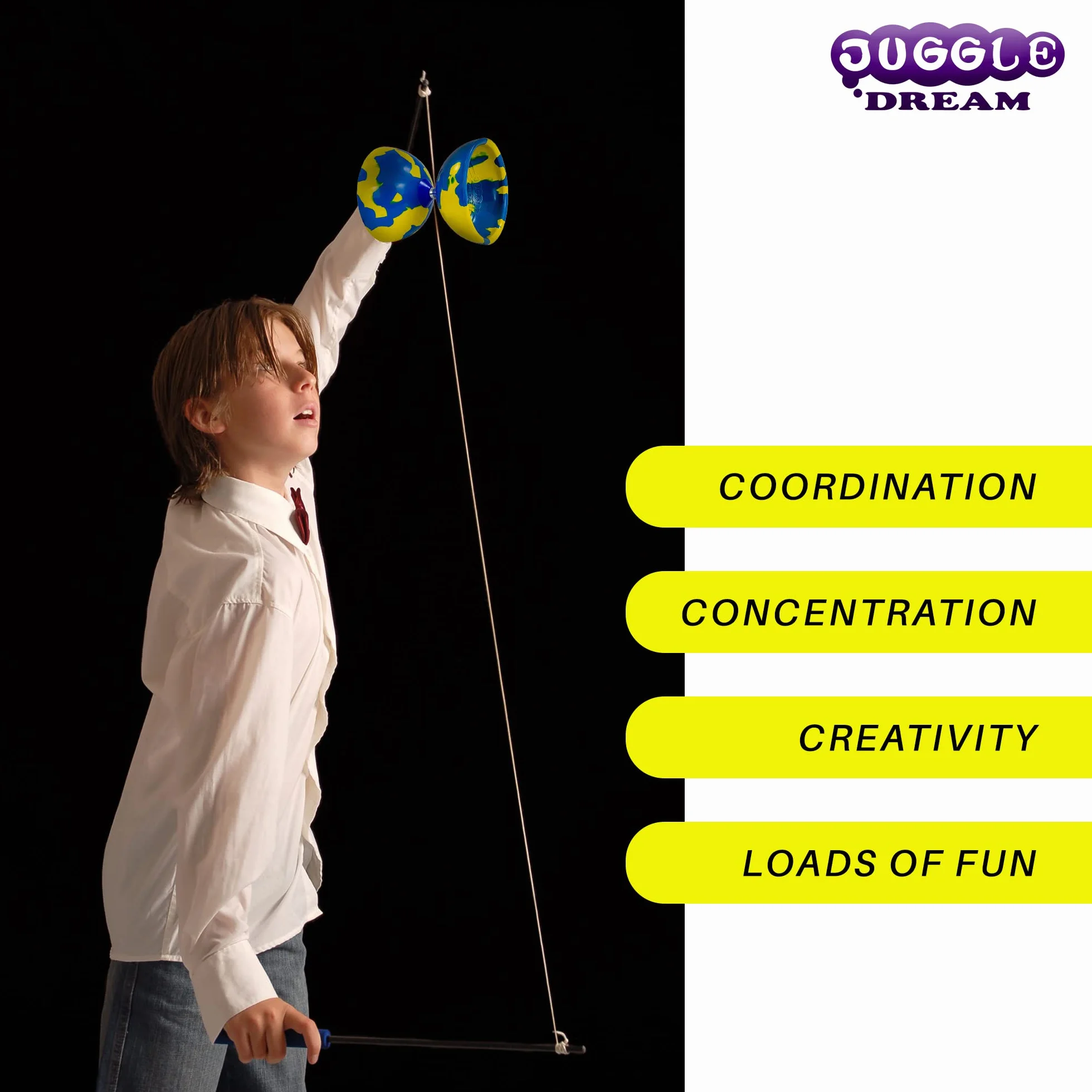 Juggle Dream Jester Diabolo Zestaw do żonglerki na mocnej osi, profesjonalny diabolo z pałeczkami ze szkła superszklanego, niebieska/biała
