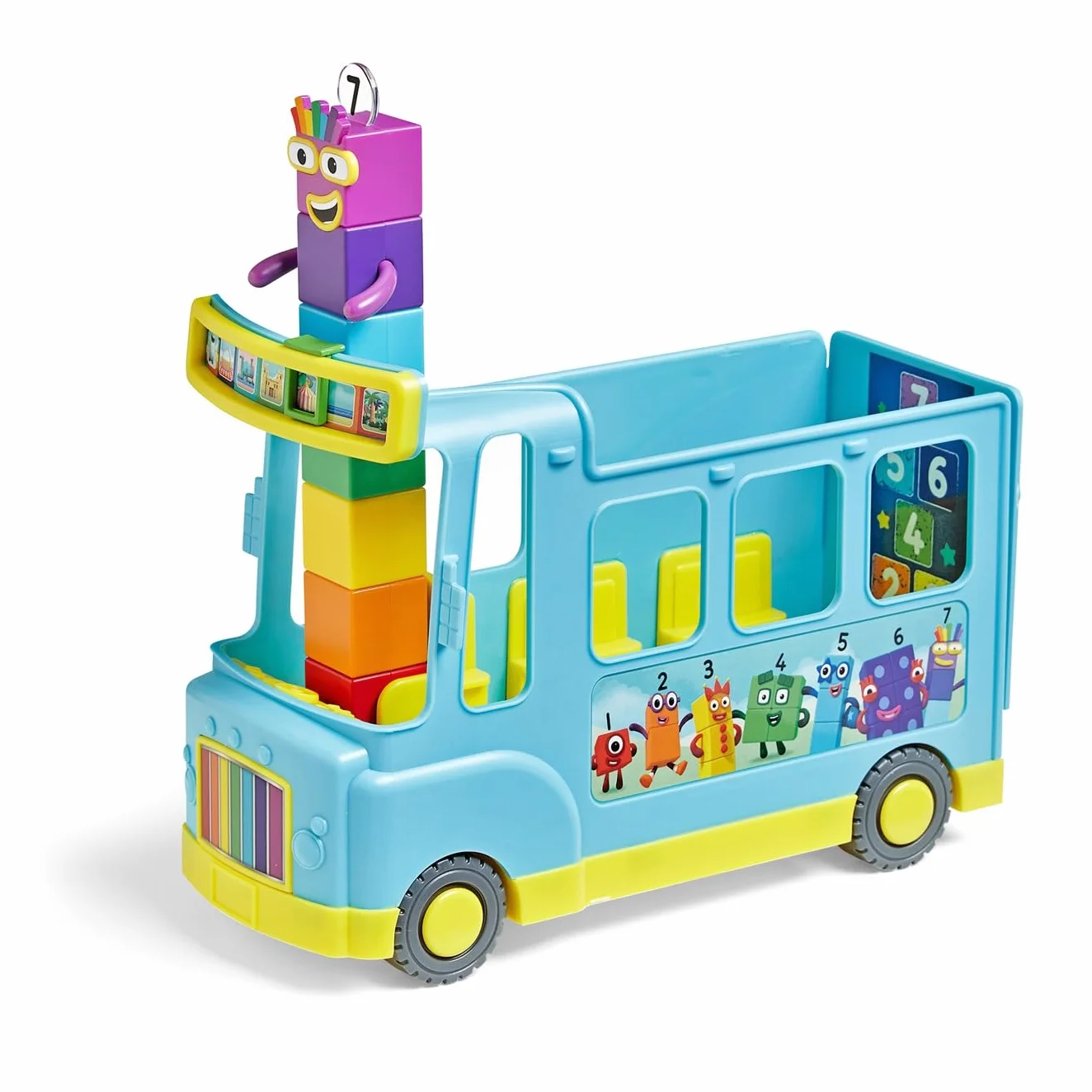 Learning Resources – Tęczowy autobus Numberblocks do nauki liczenia, Wiek 3+, Interaktywny zestaw Numberblocks zawierający autobus i kolekcjonerską Siódemkę, 12 piosenek i dźwięki, Zabawki CBeebies