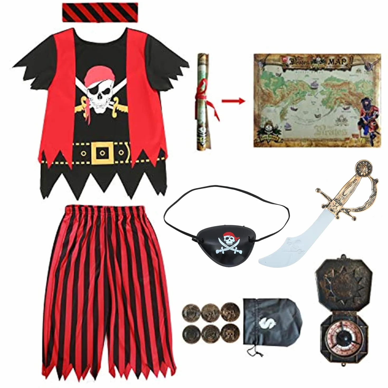 Sincere Party Dzieci Pirat Kostium, Pirat Role Play Dress Up Kompletny zestaw 8szt dla chłopców
