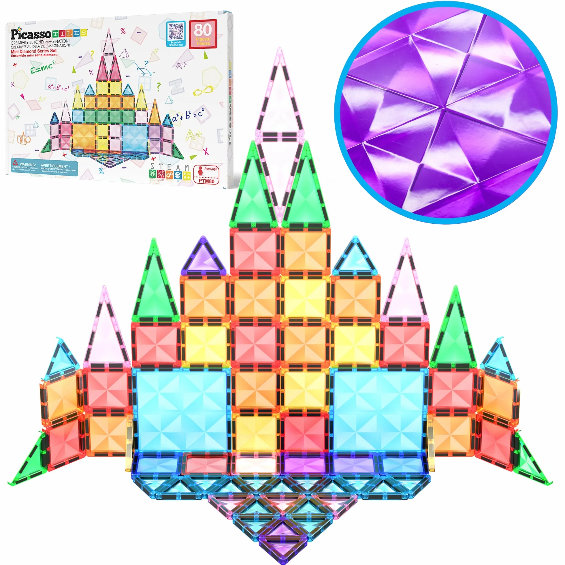 PicassoTiles 80-częściowy magnetyczny blok konstrukcyjny mini seria diamentowa rozmiar podróżny magnes budowlany zestaw zabawek STEM zestaw edukacyjny do zabawy rozwój mózgu dziecka klocki PTM80