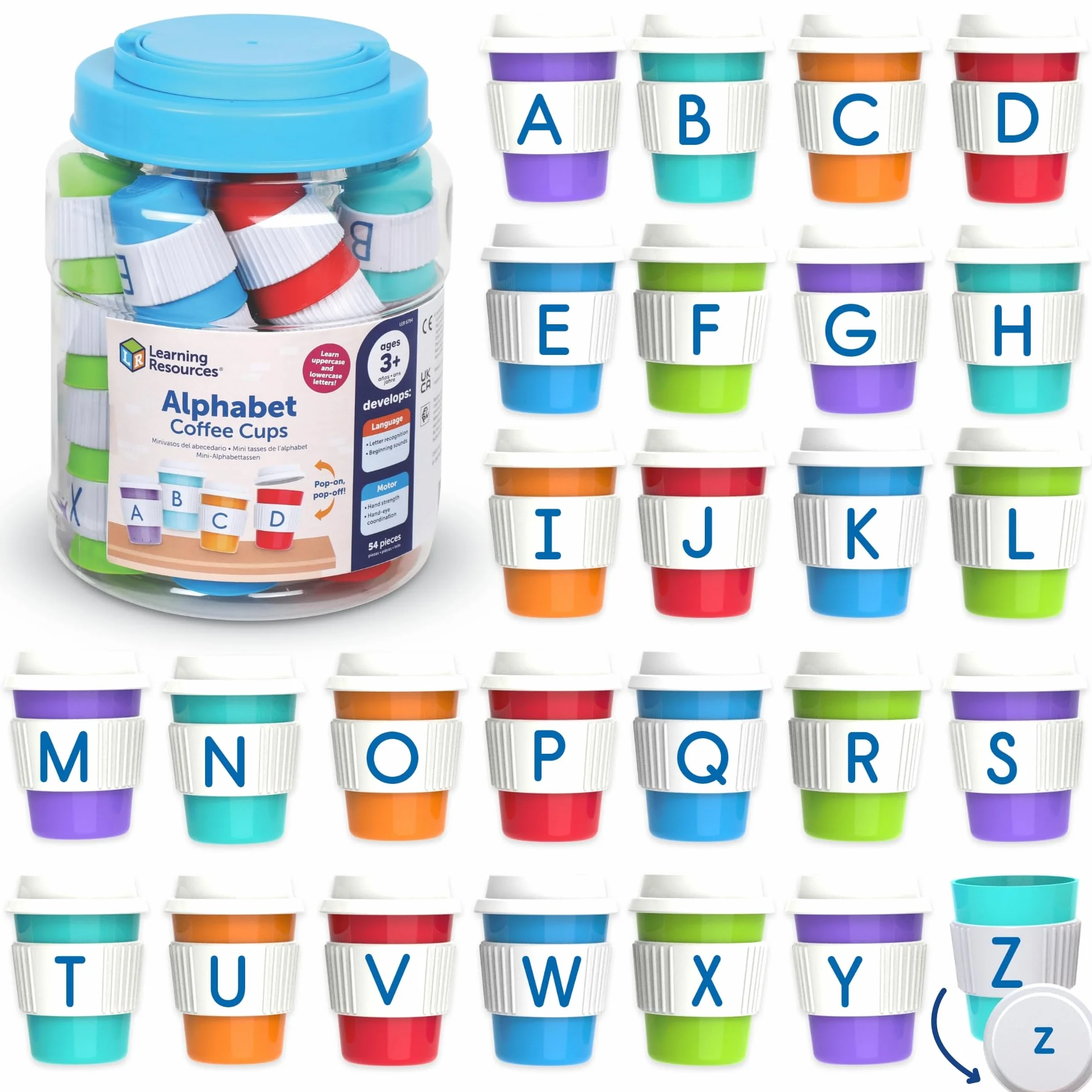 Learning Resources Alphabet Coffee Cups kubki z alfabetem zabawka do rozpoznawania liter i dopasowywania dla dzieci od 3 do 8 lat