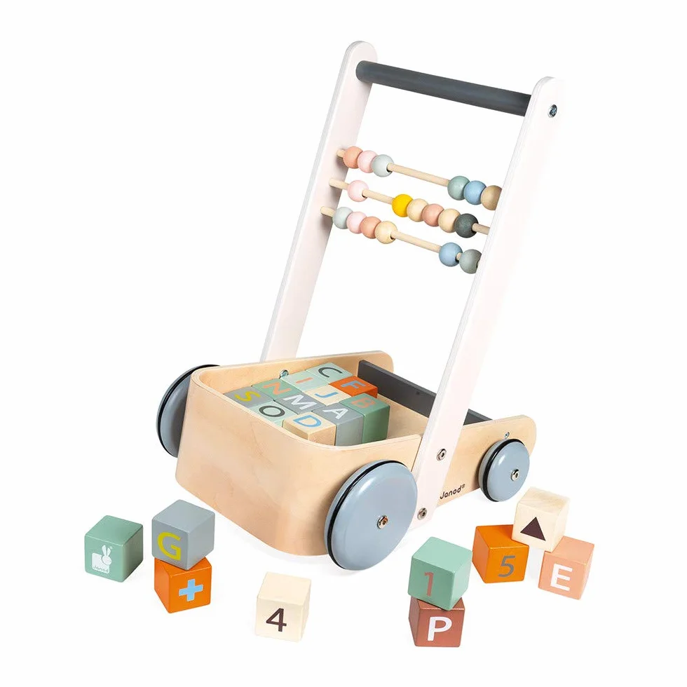 Janod - Sweet Cocoon Abc Buggy - Wooden Walking and Activity Cart - with 20 Alphabet Cubes, Numbers and Shapes Blocks + 3 Abacus Rows - Water Based Paints - from 1 Year Old, J04408