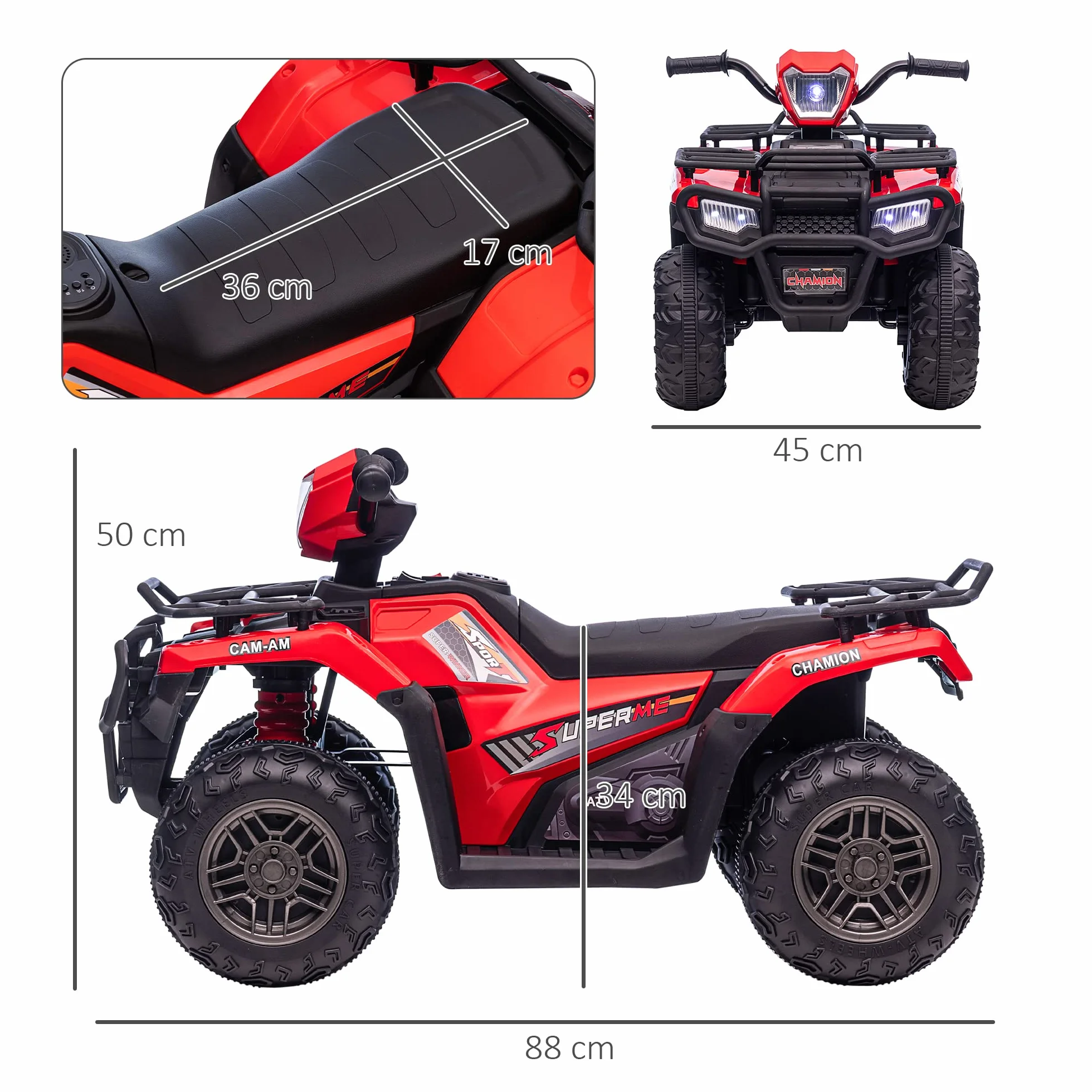 HOMCOM Elektryczny quad dziecięcy, elektryczny quad z diodami LED i muzyką, samochód elektryczny, pojazd dziecięcy dla dzieci od 3 lat, czarny + czerwony, 88 x 45 x 50 cm