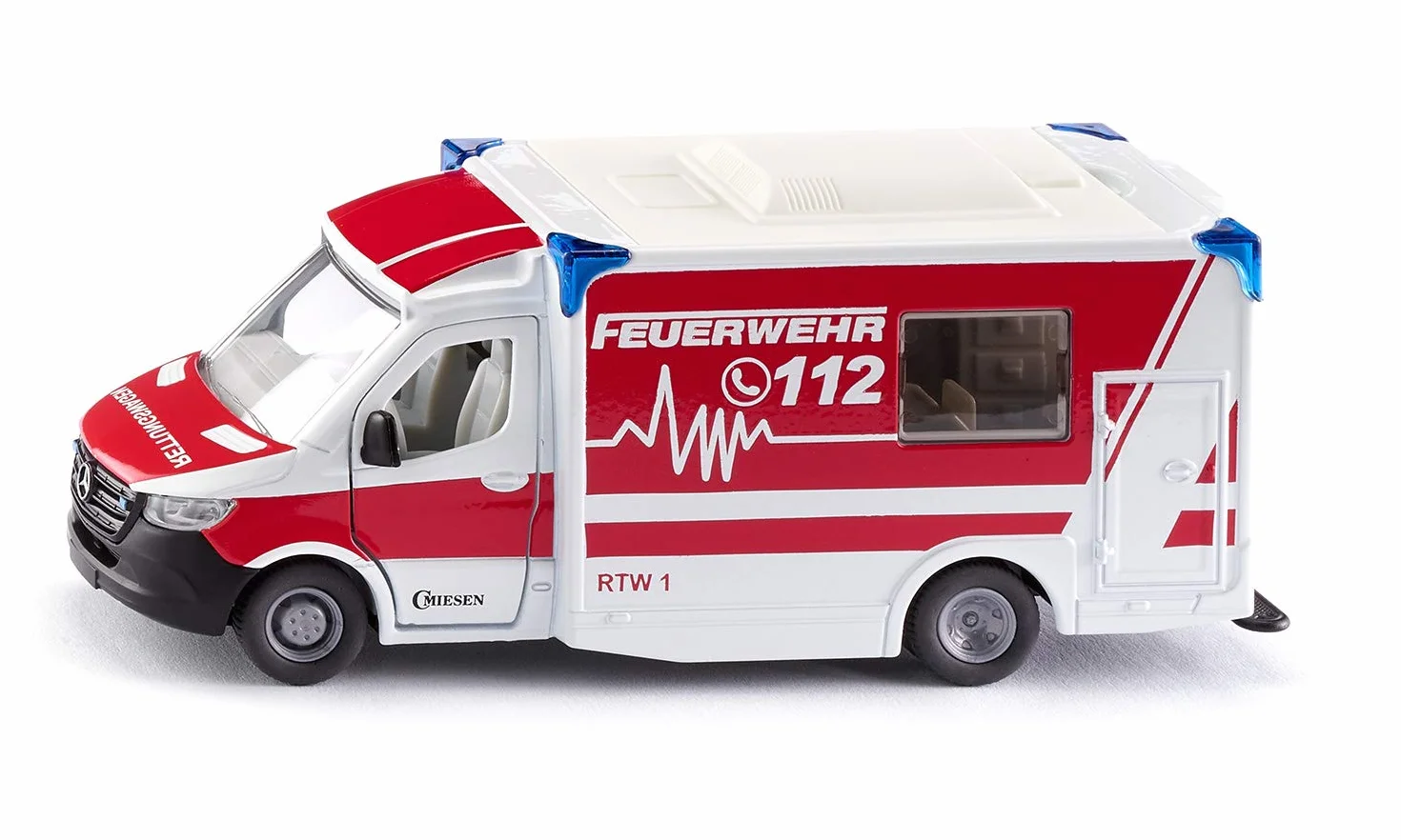 Siku 2115, Karetka Mercedes-Benz Sprinter Miesen typ C, 1:50, Metal,Tworzywo sztuczne, Czerwony,Biały, Zdejmowany dach, Z deską rozdzielczą i noszami